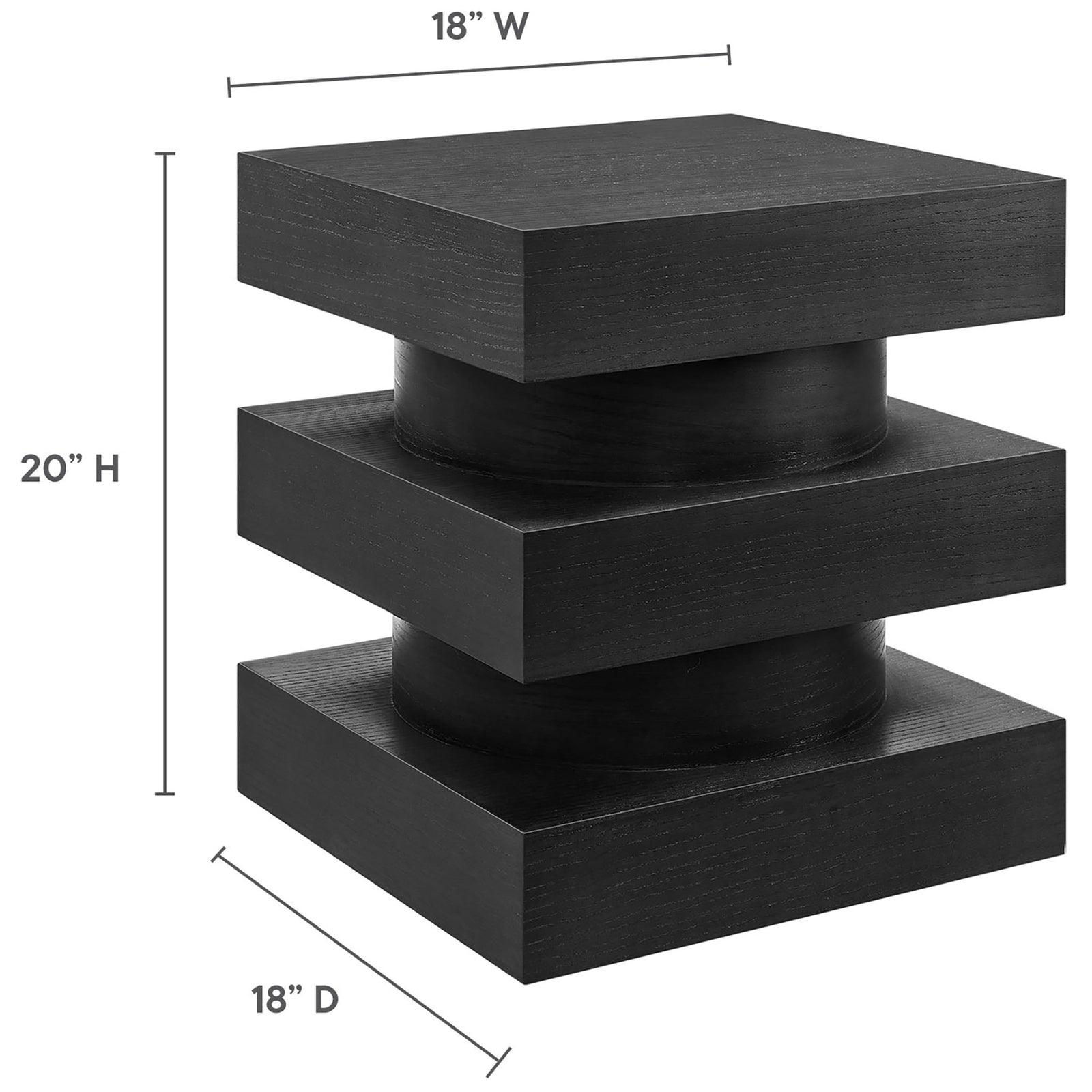 Dimension graphic of the Perpetuate totem end table showing its 18 inch square top and 20 inch height. || EEI-6864-BLK || dimension_studio