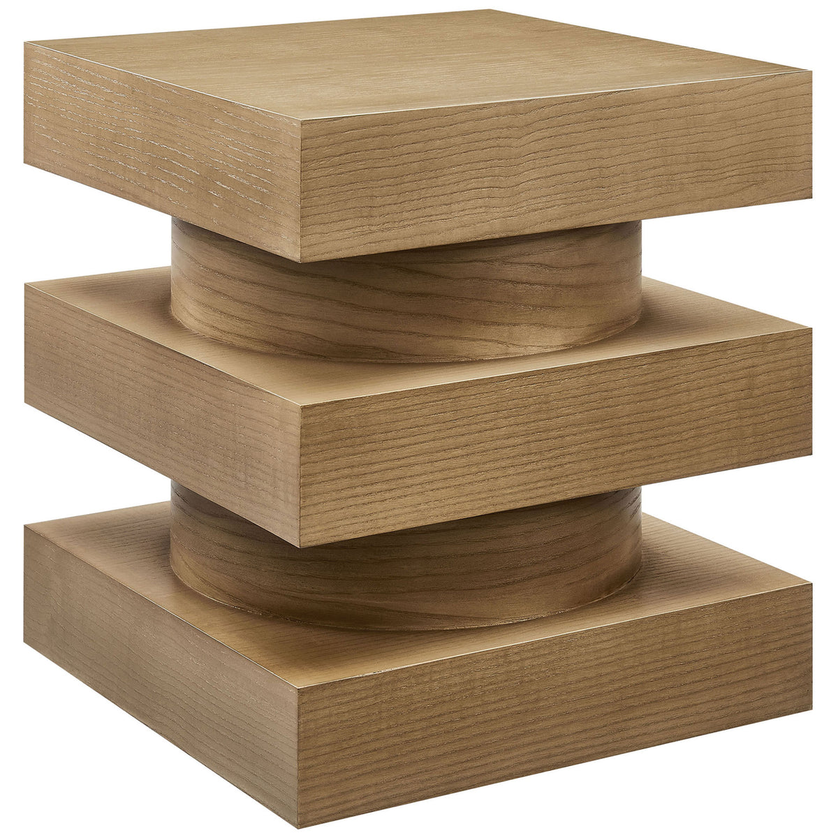 Totem end table with stacked square tiers in a warm caramel ash wood finish || EEI-6864-CAS || front_angle_studio