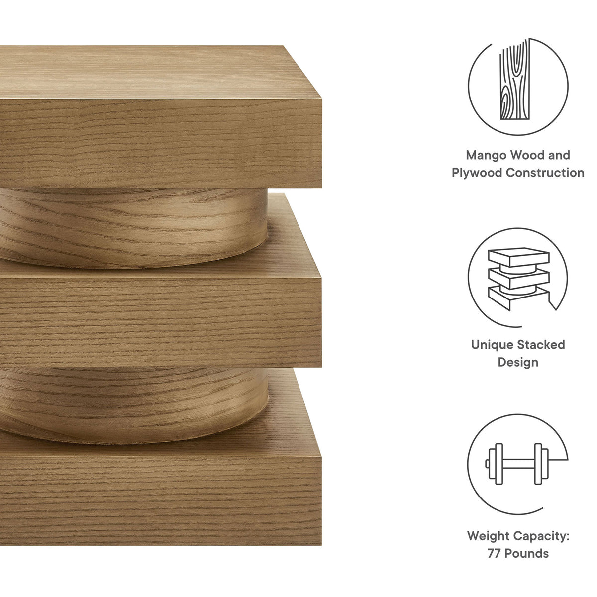 End table with stacked tiers beside icons calling out mango wood construction and 77 pound capacity || EEI-6864-CAS || callout_studio