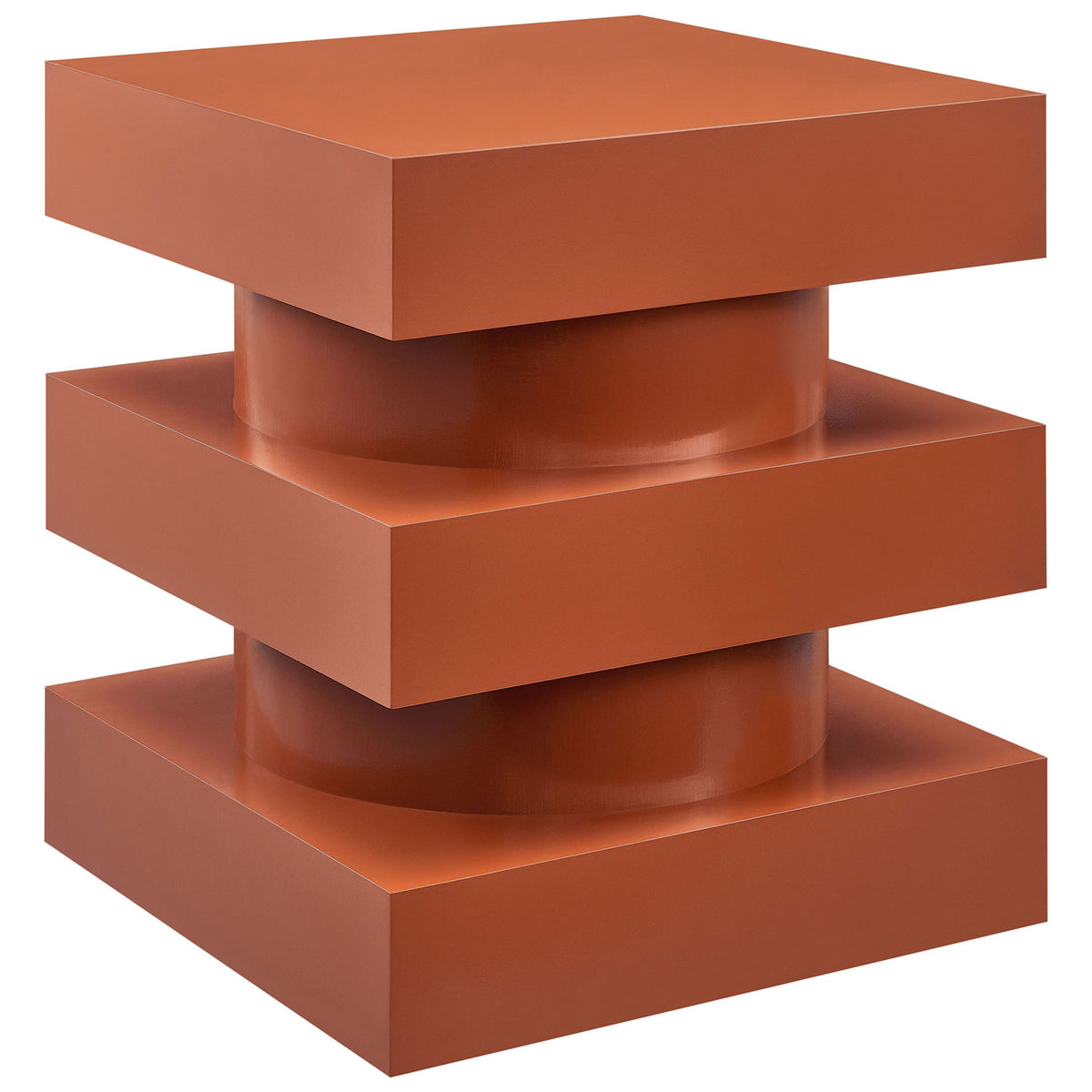 Art deco inspired cayenne side table showcasing its tiered stacked design and solid, blocky profile. || EEI-6864-CAY || front_angle_studio