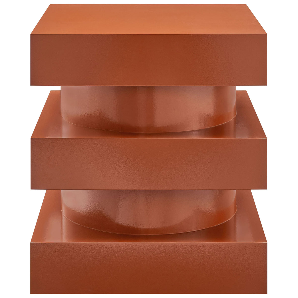 Sculptural cayenne totem end table with bold stacked square silhouette and smooth cylindrical core. || EEI-6864-CAY || front_studio