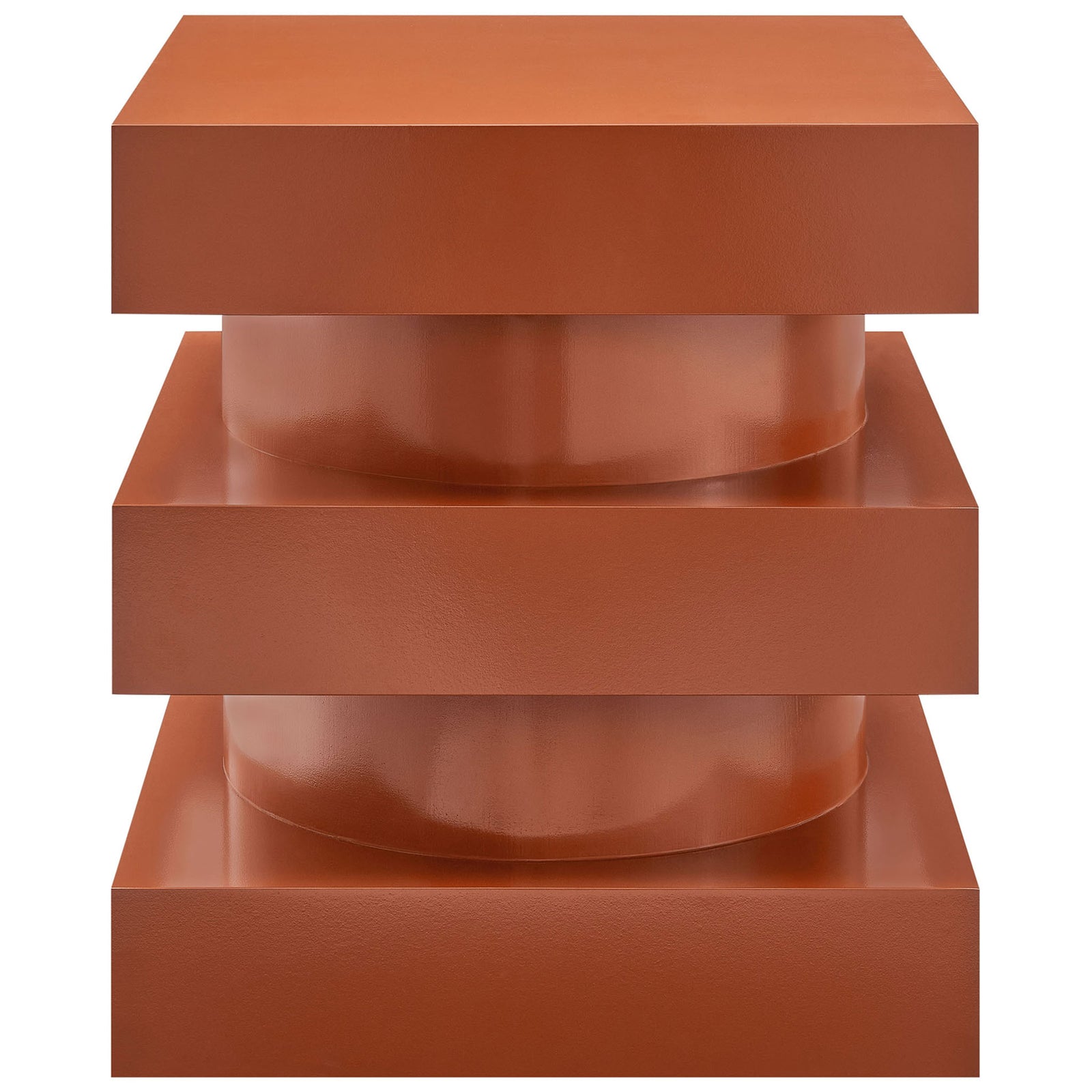 Sculptural cayenne totem end table with bold stacked square silhouette and smooth cylindrical core. || EEI-6864-CAY || front_studio