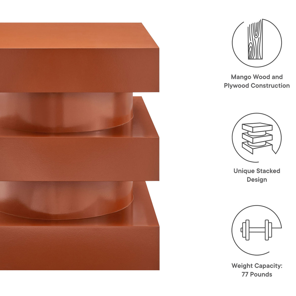Feature icons highlight this mango wood totem side table's unique stacked design and 77 pound weight capacity. || EEI-6864-CAY || callout_studio