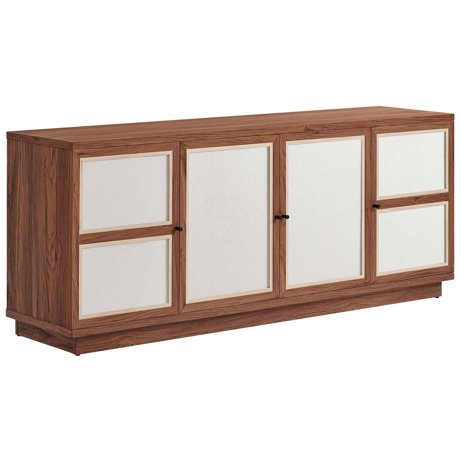 Modern walnut media console with linen-inspired panel doors and low-profile base for a clean, tailored look || EEI-6865-WAL || front_angle_studio