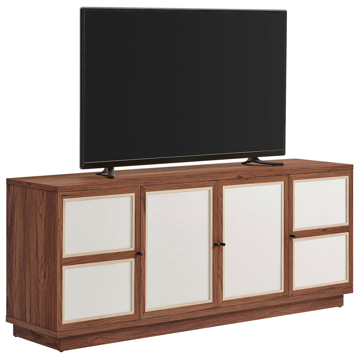Walnut TV stand styling a large flat-screen display while concealing devices and accessories behind textured doors || EEI-6865-WAL || front_angle_studio