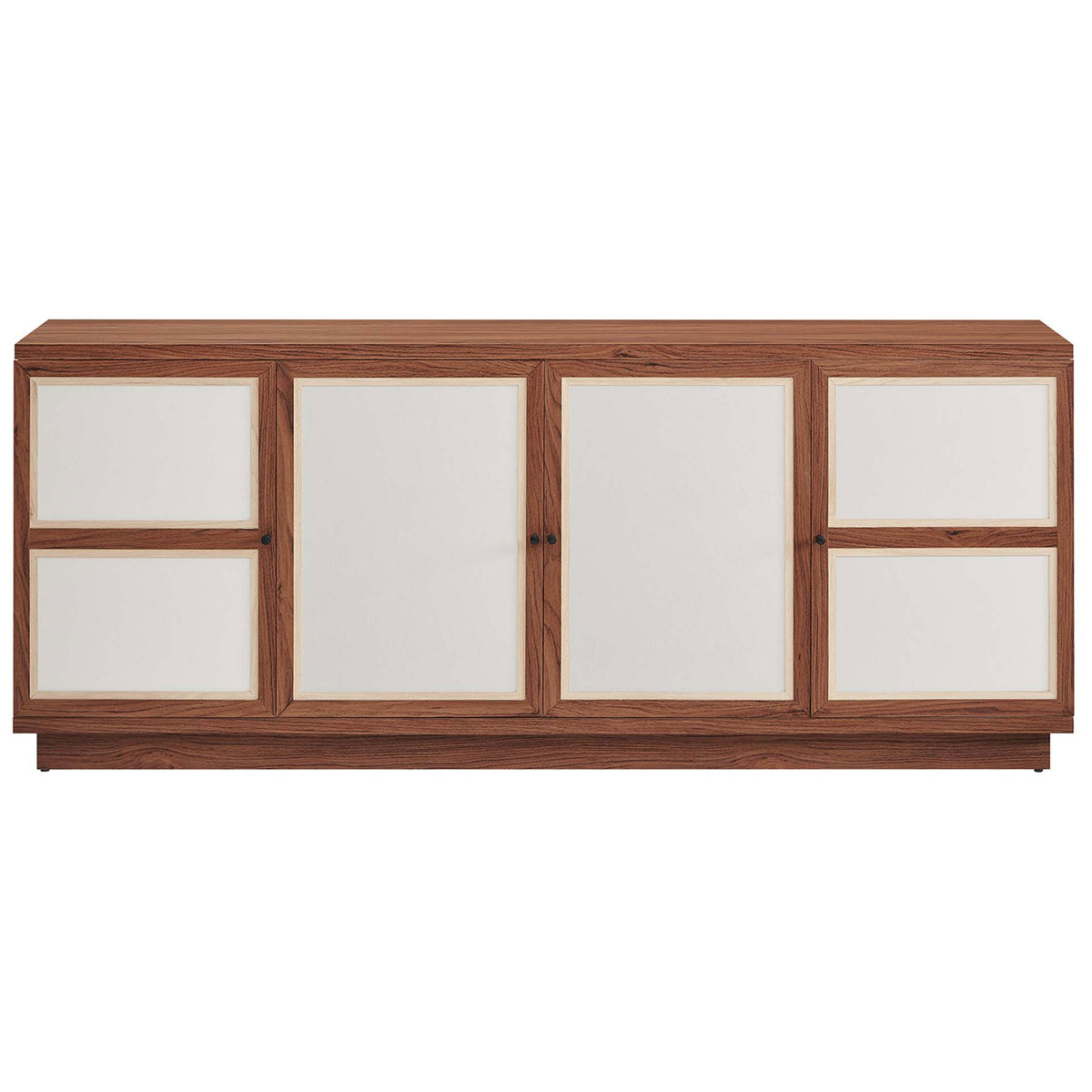 Walnut TV console with linen-textured cream doors and sleek black pulls for warm, modern storage || EEI-6865-WAL || front_studio