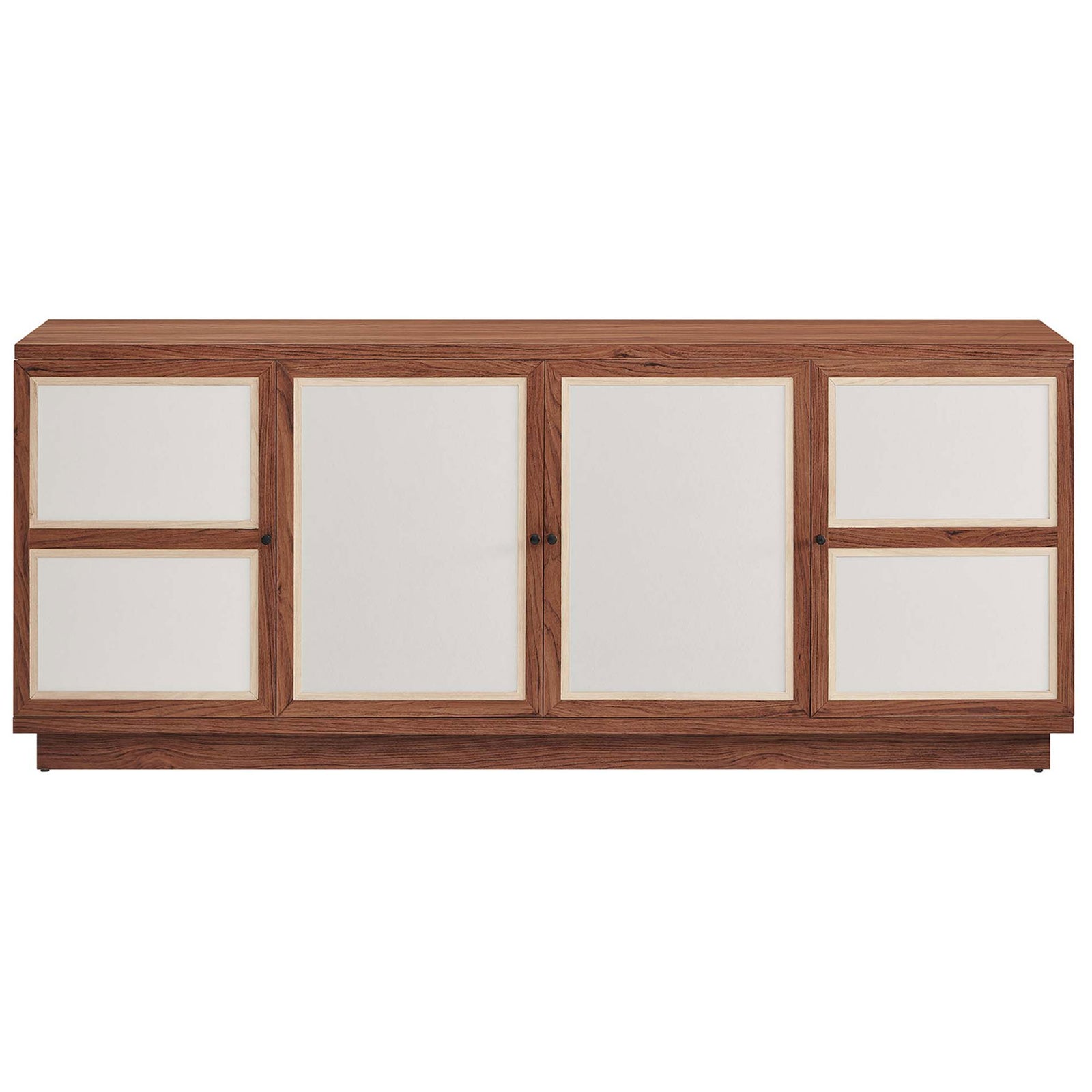 Walnut TV console with linen-textured cream doors and sleek black pulls for warm, modern storage || EEI-6865-WAL || front_studio