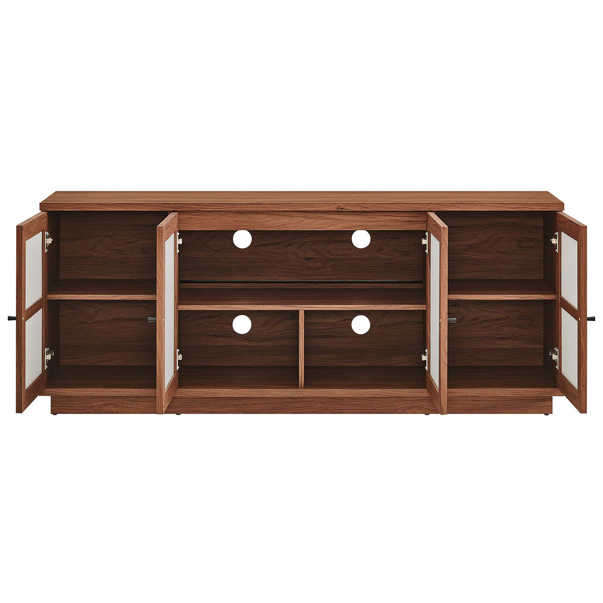 Spacious Capri TV console with cabinet doors open, showcasing adjustable shelves and cable management cutouts || EEI-6865-WAL || front_open_studio