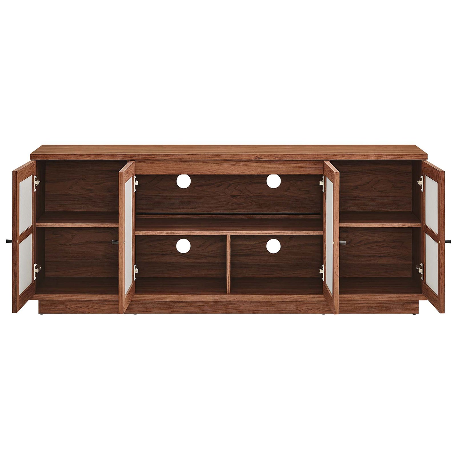 Spacious Capri TV console with cabinet doors open, showcasing adjustable shelves and cable management cutouts || EEI-6865-WAL || front_open_studio
