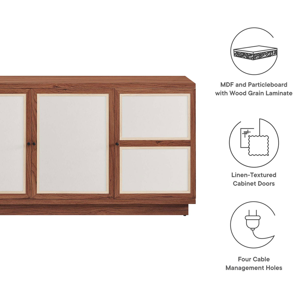 Feature graphic highlighting wood grain laminate, linen-textured doors, and four cable management openings || EEI-6865-WAL || callout_studio