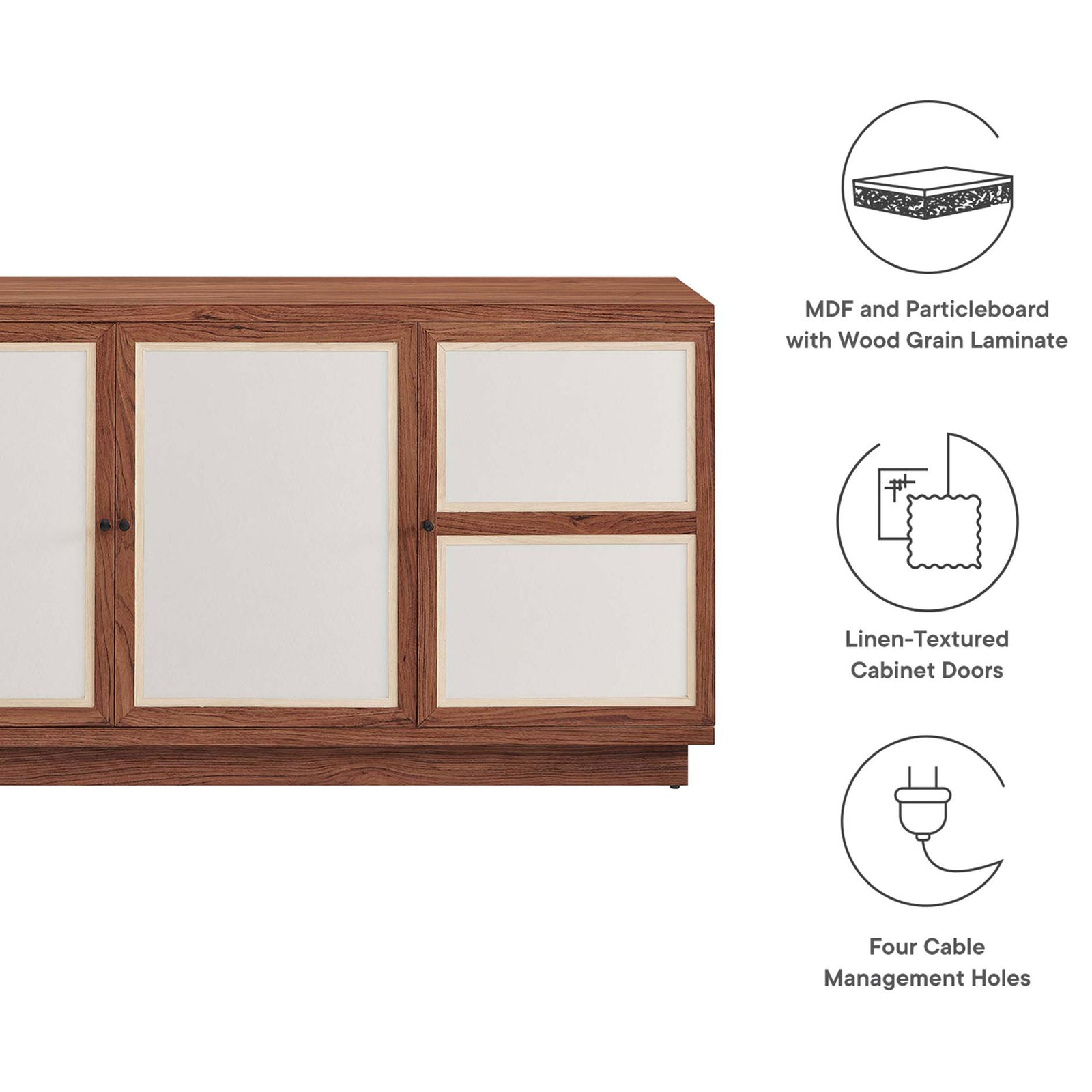 Feature graphic highlighting wood grain laminate, linen-textured doors, and four cable management openings || EEI-6865-WAL || callout_studio