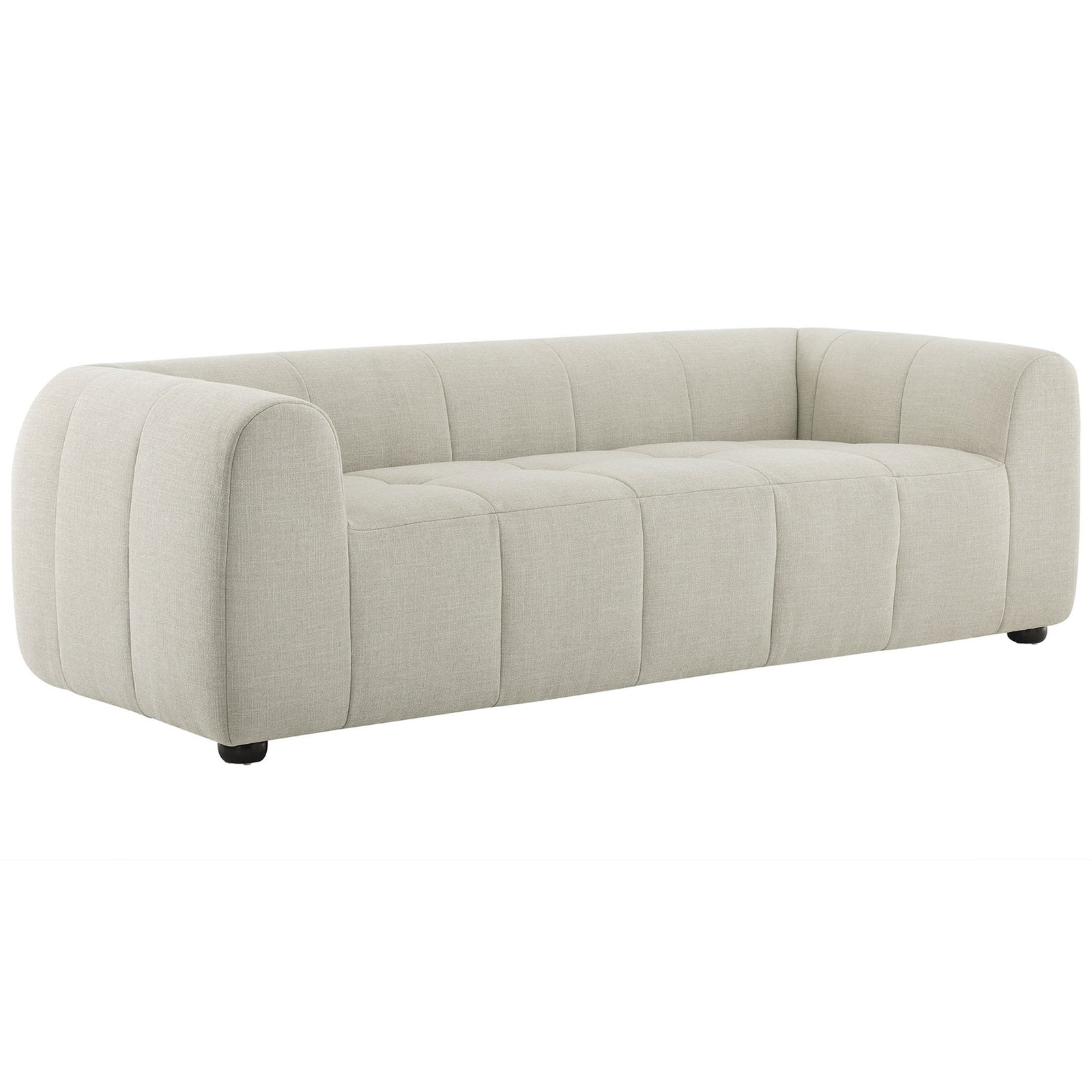 Low profile three seat linen sofa with plush grid tufted cushions and discreet wood bun feet || EEI-6866-LIN || front_angle_studio