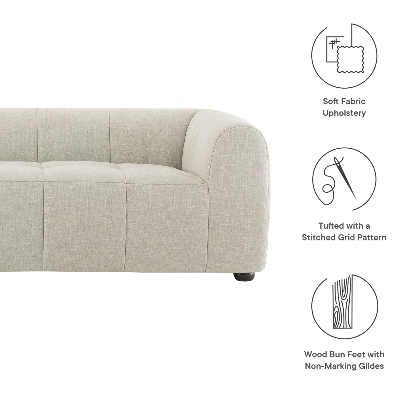 Feature callouts highlighting soft fabric upholstery, stitched grid tufting, and wood bun feet with non marking glides || EEI-6866-LIN || callout_studio