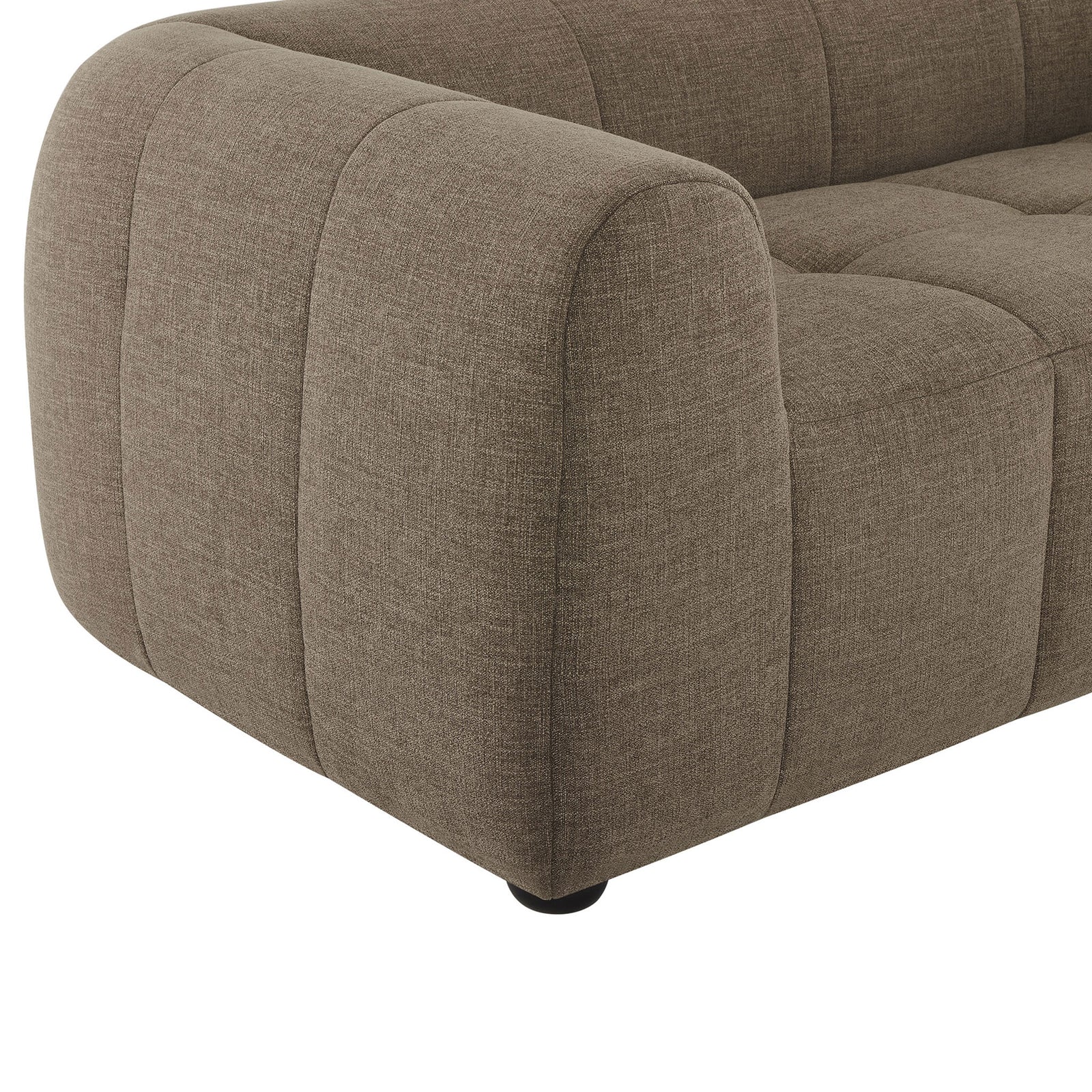 Rounded sofa arm in textured mocha upholstery with subtle grid stitching on the seat and back || EEI-6866-MOC || detail_studio