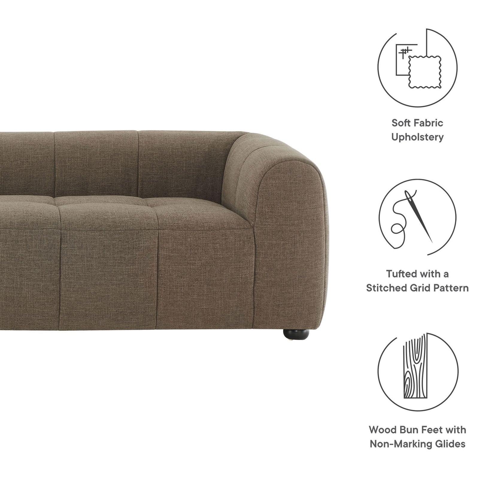 Mocha sofa with graphic icons highlighting soft fabric, tufted grid seat, and wood bun feet || EEI-6866-MOC || callout_studio
