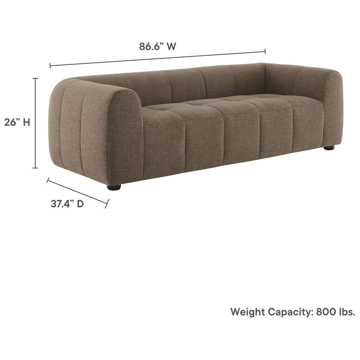 Mocha sofa with measurement arrows showing width, depth, height, and labeled weight capacity || EEI-6866-MOC || dimension_studio