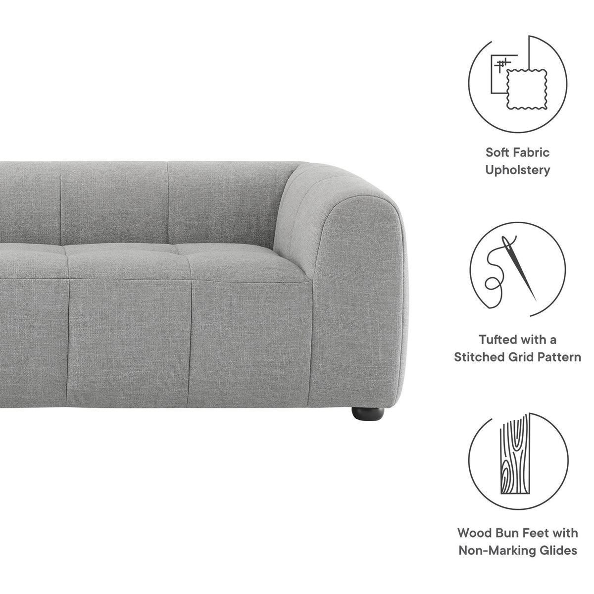 Soft fabric upholstery, stitched grid tufting, and wood bun feet with non-marking glides highlighted as key features || EEI-6866-PEW || callout_studio