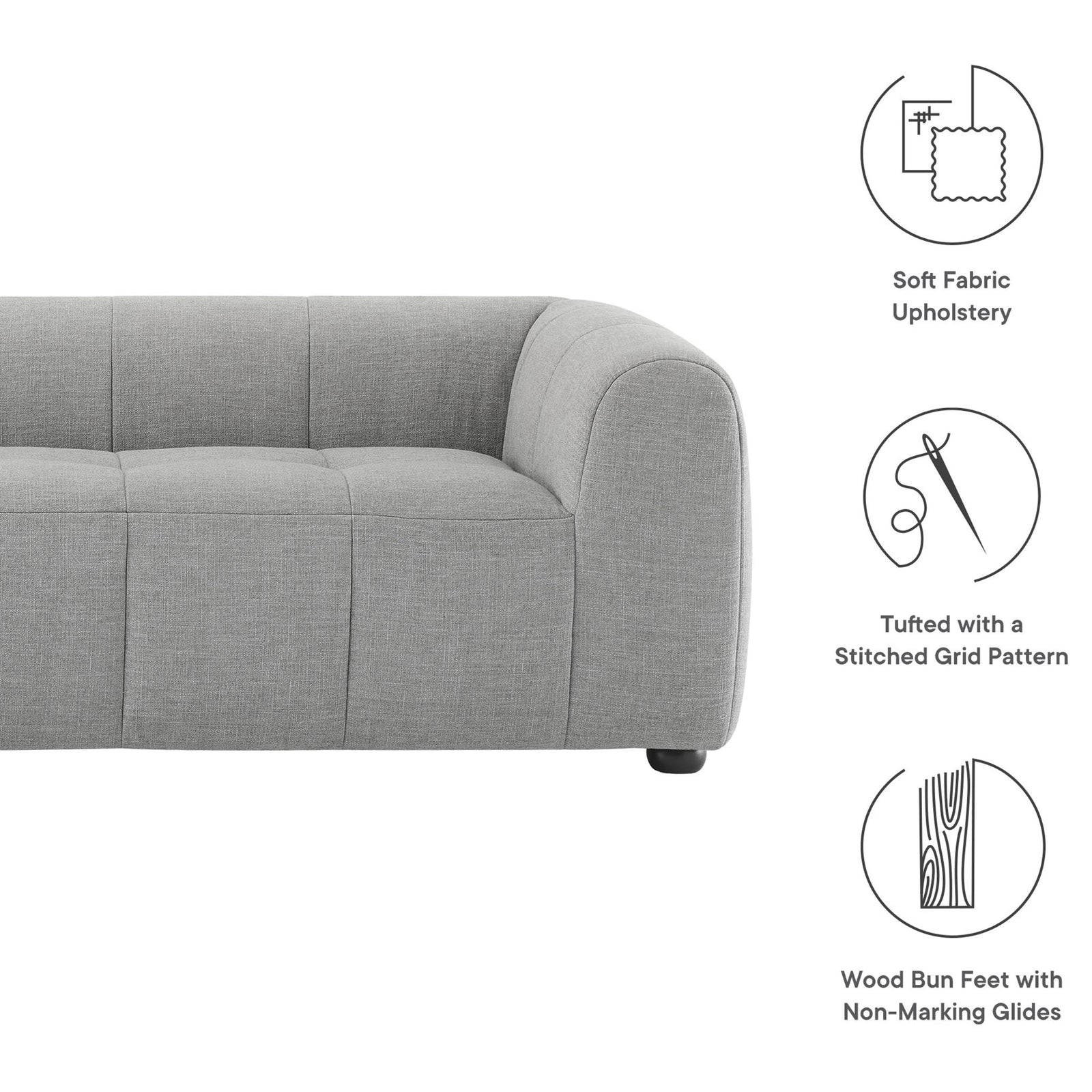 Soft fabric upholstery, stitched grid tufting, and wood bun feet with non-marking glides highlighted as key features || EEI-6866-PEW || callout_studio