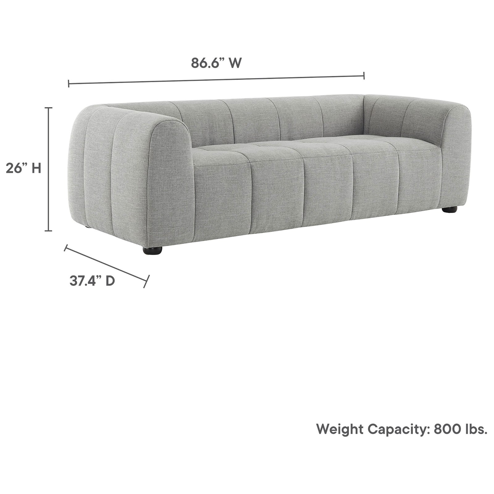 Dimensions for the Liana sofa listing overall width, depth, height, and an 800 lb weight capacity rating || EEI-6866-PEW || dimension_studio