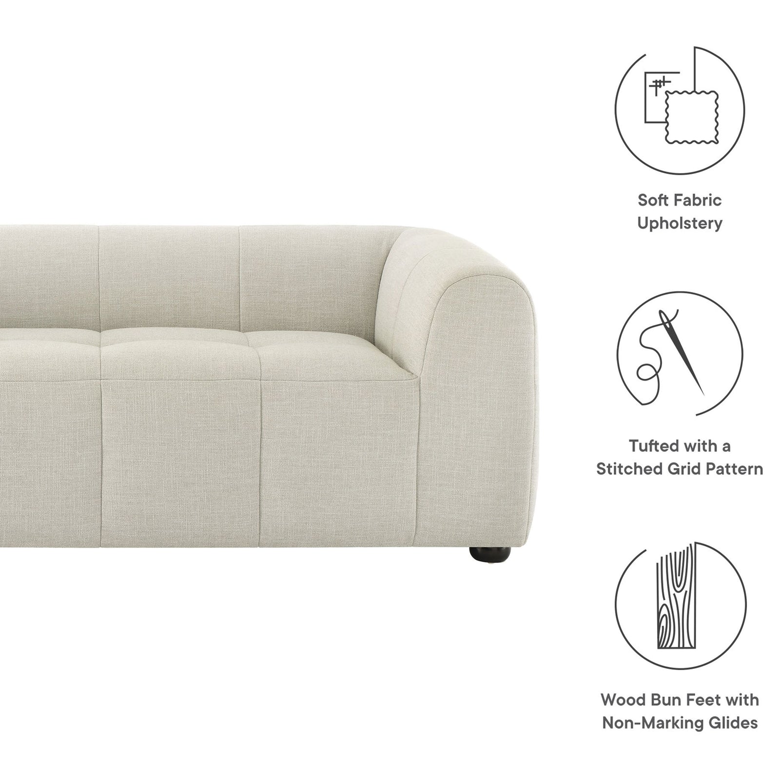 Linen loveseat with highlighted soft upholstery, grid tufting, and wood bun feet features || EEI-6867-LIN || callout_studio