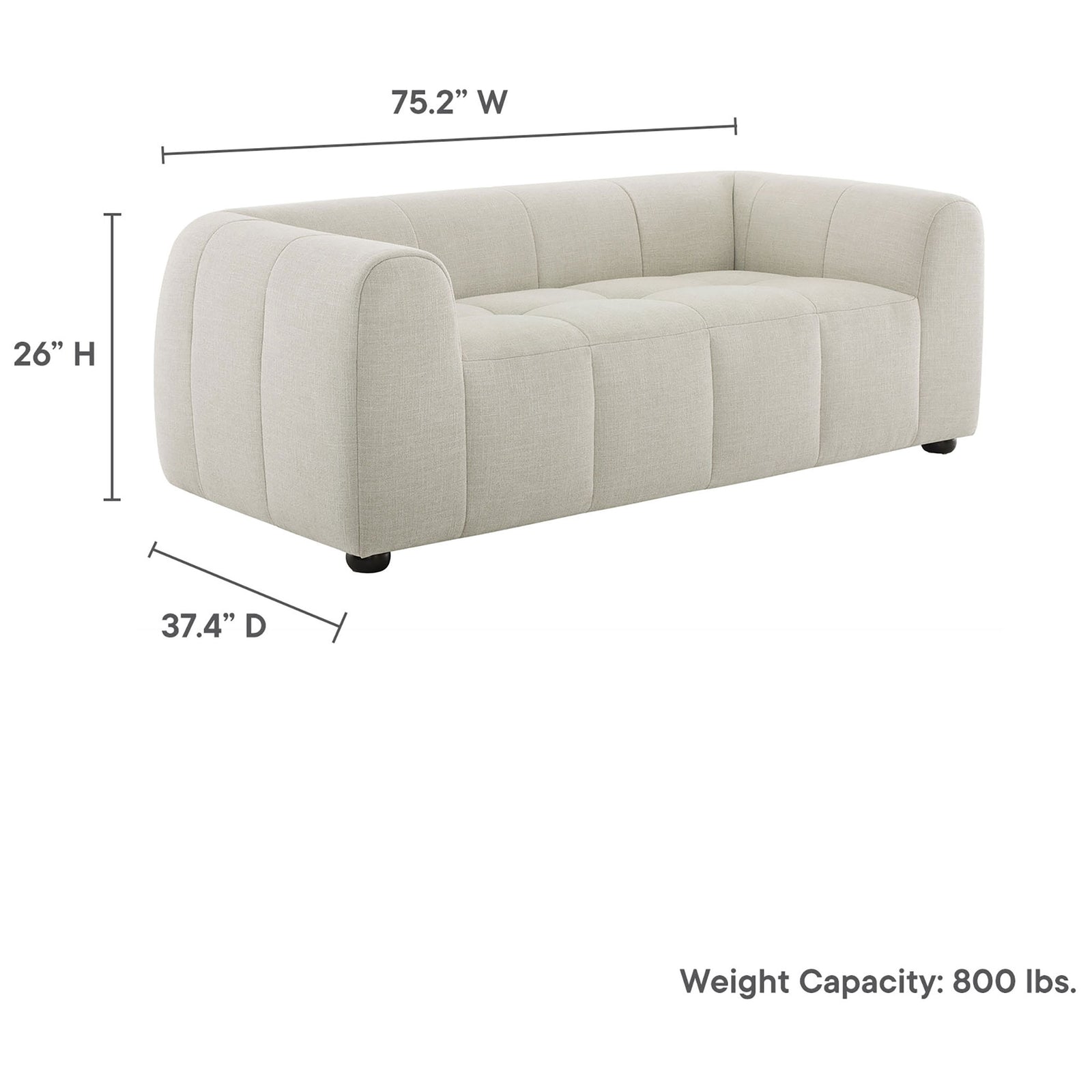 Linen loveseat with clearly labeled width, depth, height, and 800 lb weight capacity details || EEI-6867-LIN || dimension_studio
