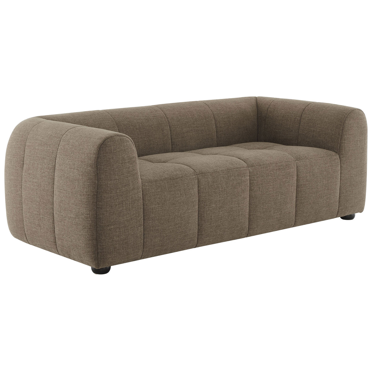 Curvaceous mocha fabric loveseat with low, lounge-style seat and plush grid-tufted cushions || EEI-6867-MOC || front_angle_studio