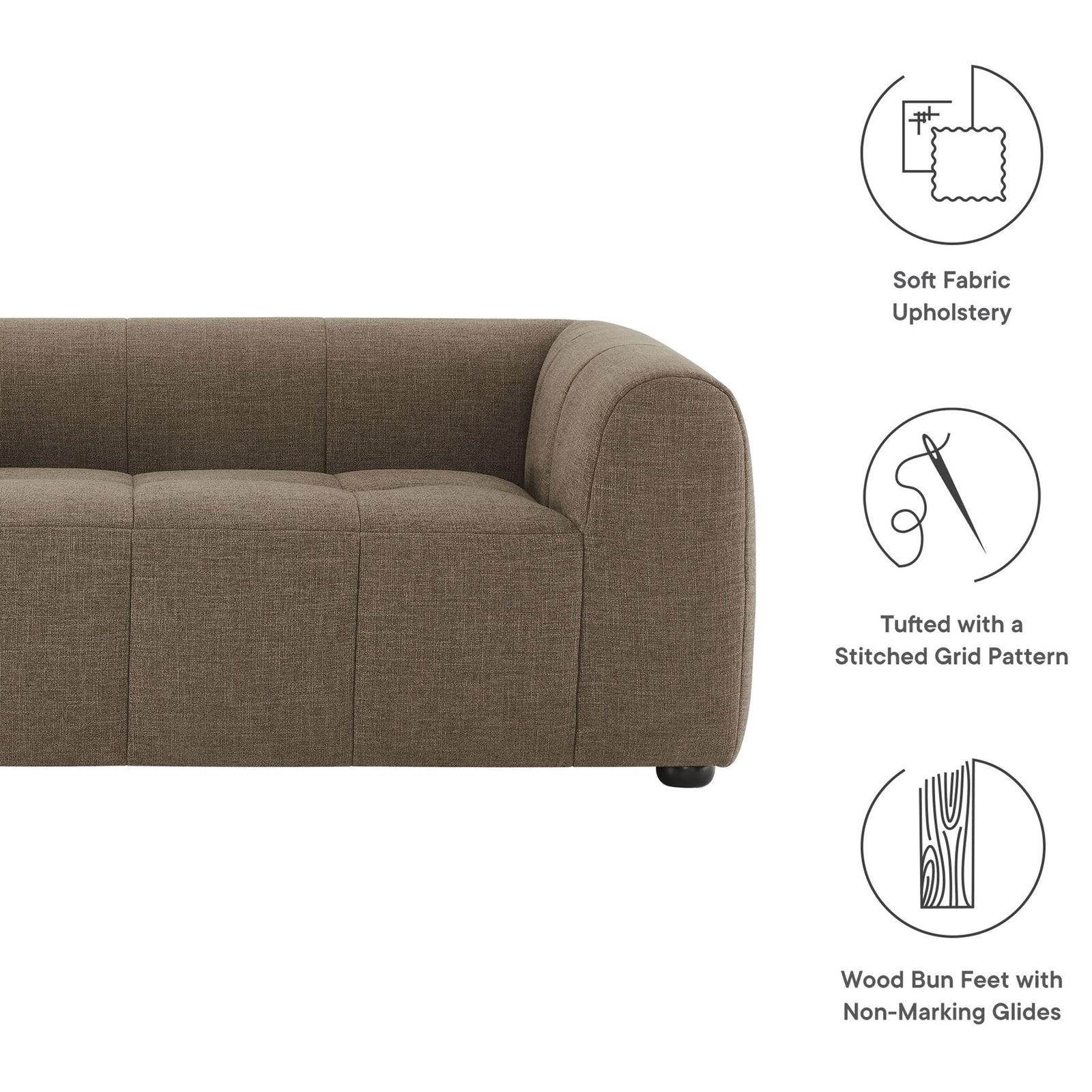 Feature graphic showing Liana mocha loveseat with soft upholstery, grid tufting, and wood bun feet benefits || EEI-6867-MOC || callout_studio