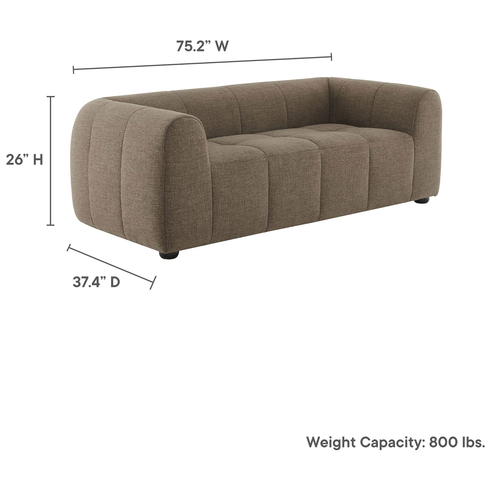 Dimension graphic of Liana mocha loveseat with width, depth, height, and 800 lbs weight capacity callouts || EEI-6867-MOC || dimension_studio