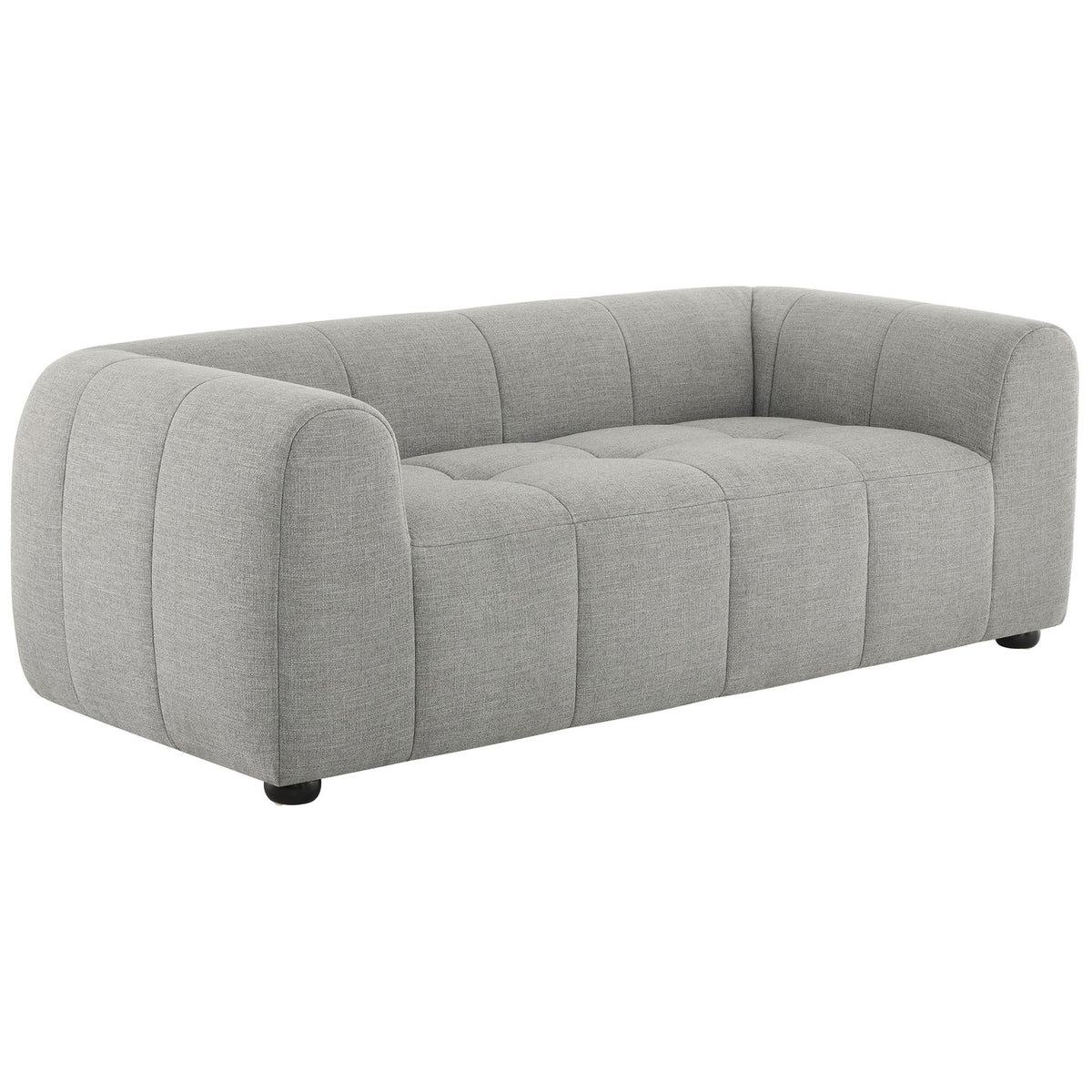 Low-profile pewter loveseat with curved arms, deep cushioning, and channel-tufted upholstery for modern living rooms || EEI-6867-PEW || front_angle_studio