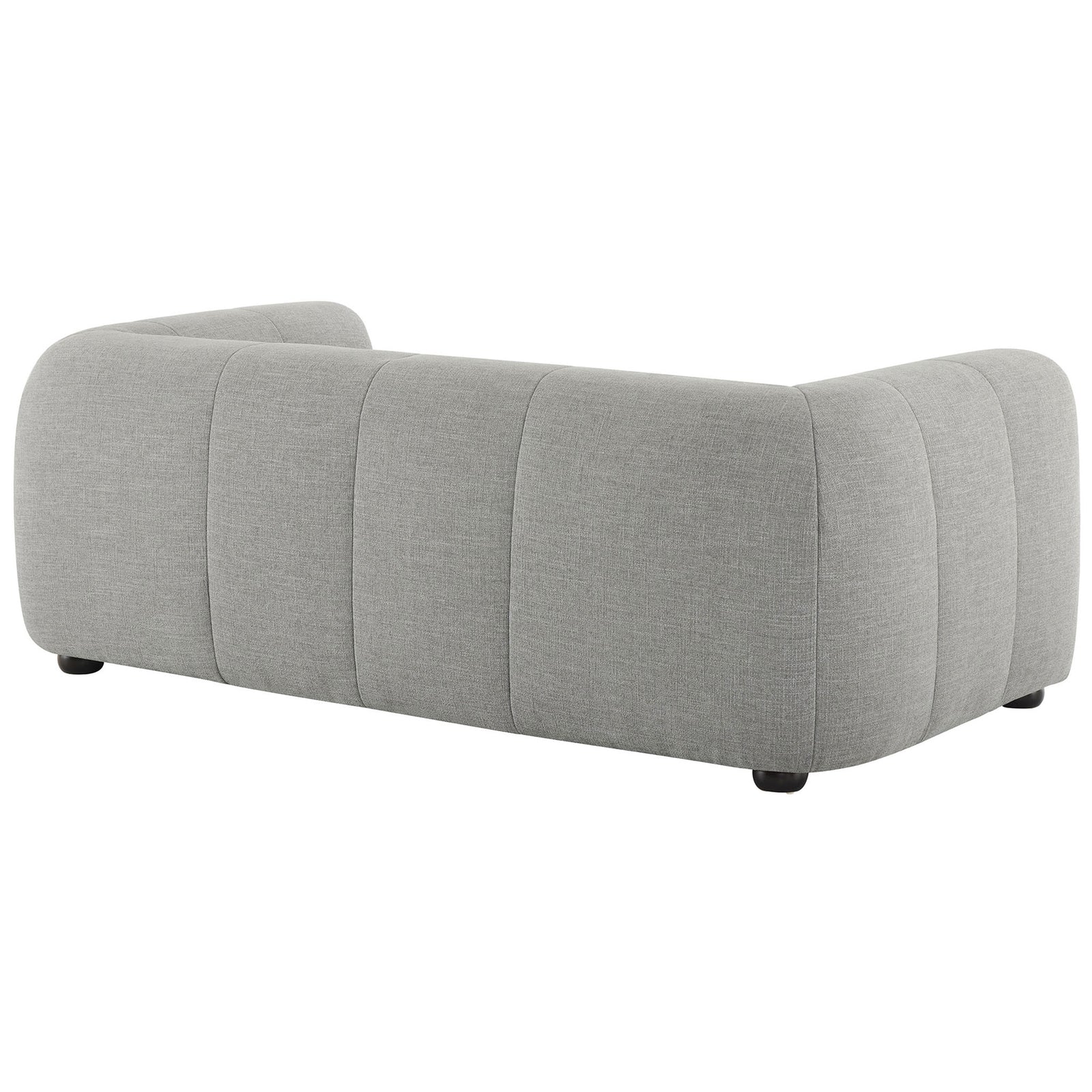Tailored pewter loveseat with segmented back panels and rounded corners on low-profile bun feet || EEI-6867-PEW || back_angle_studio
