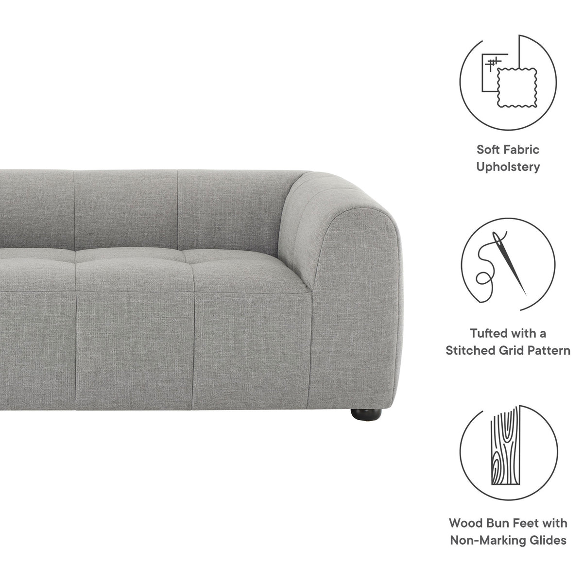 Pewter fabric loveseat with soft upholstery, stitched grid tufting, and wood bun feet with non-marking glides || EEI-6867-PEW || callout_studio