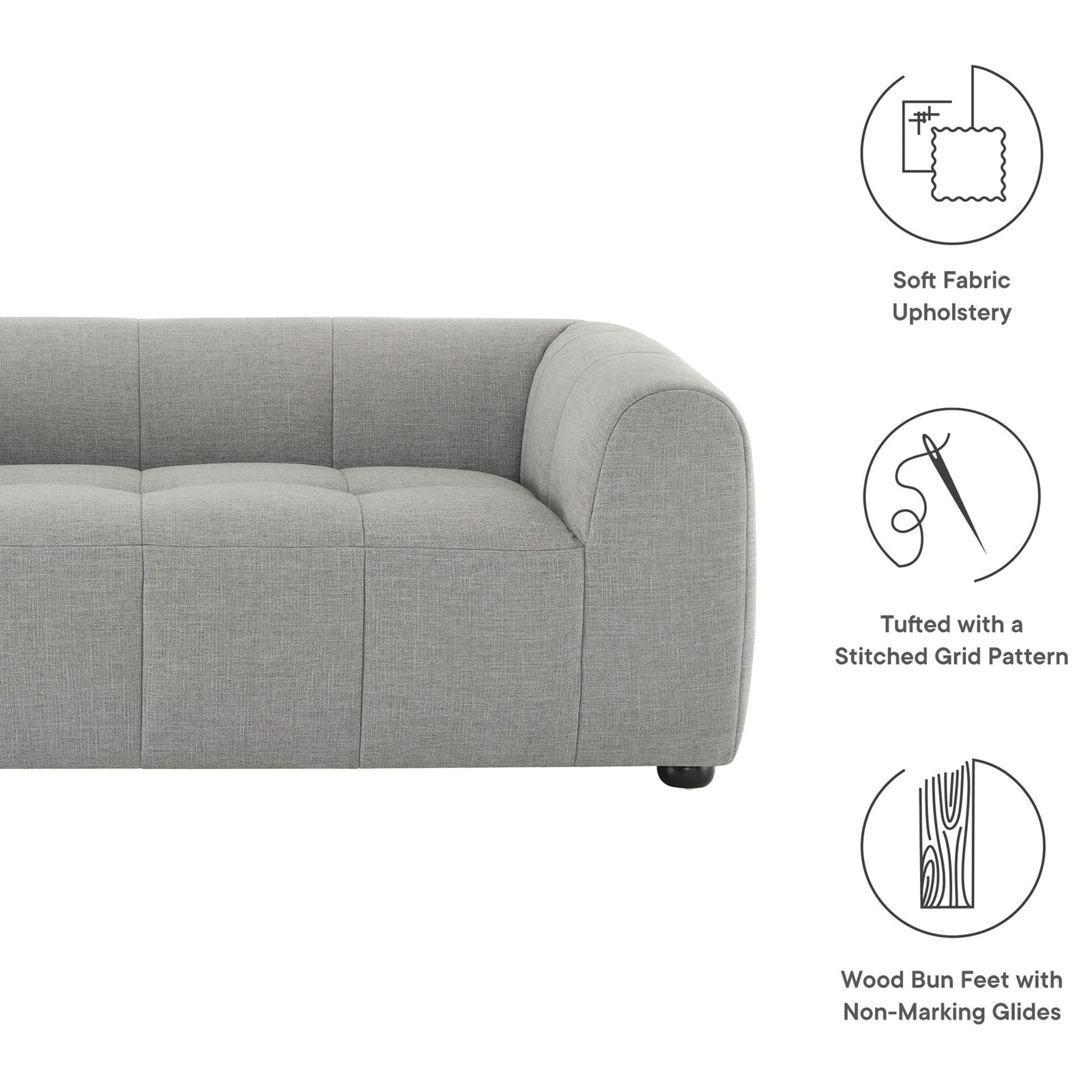 Pewter fabric loveseat with soft upholstery, stitched grid tufting, and wood bun feet with non-marking glides || EEI-6867-PEW || callout_studio