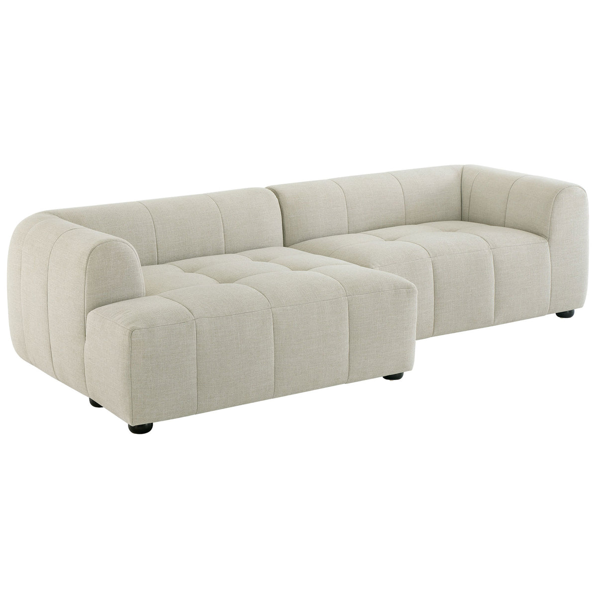 Left-facing linen sectional sofa with chaise featuring deep seats and subtle grid tufting || EEI-6868-LIN || front_angle_studio