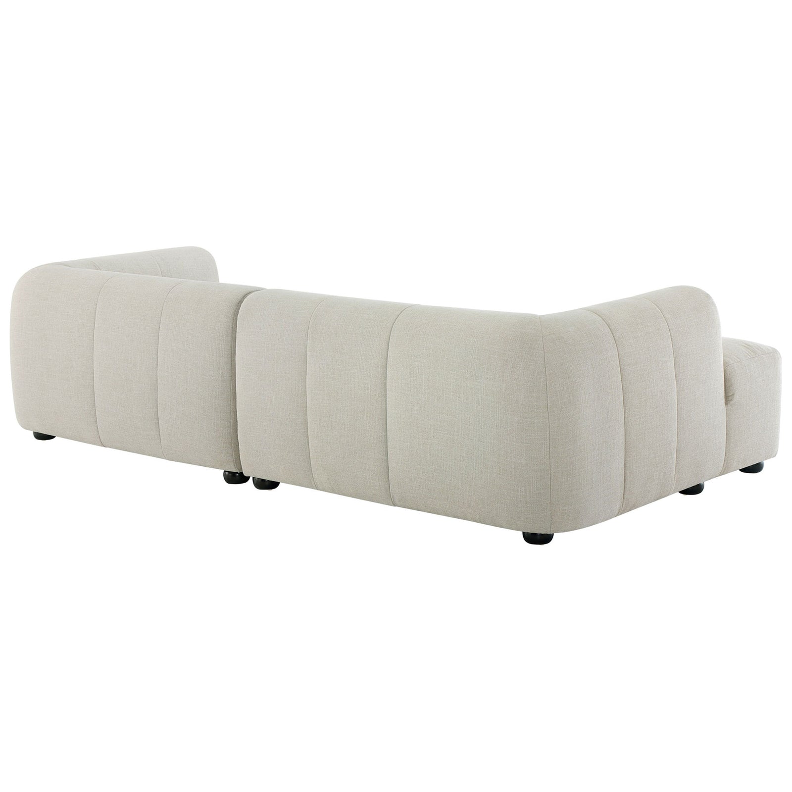 Left-facing linen modular sofa with chaise highlighting the fully upholstered back and bun feet || EEI-6868-LIN || back_angle_studio
