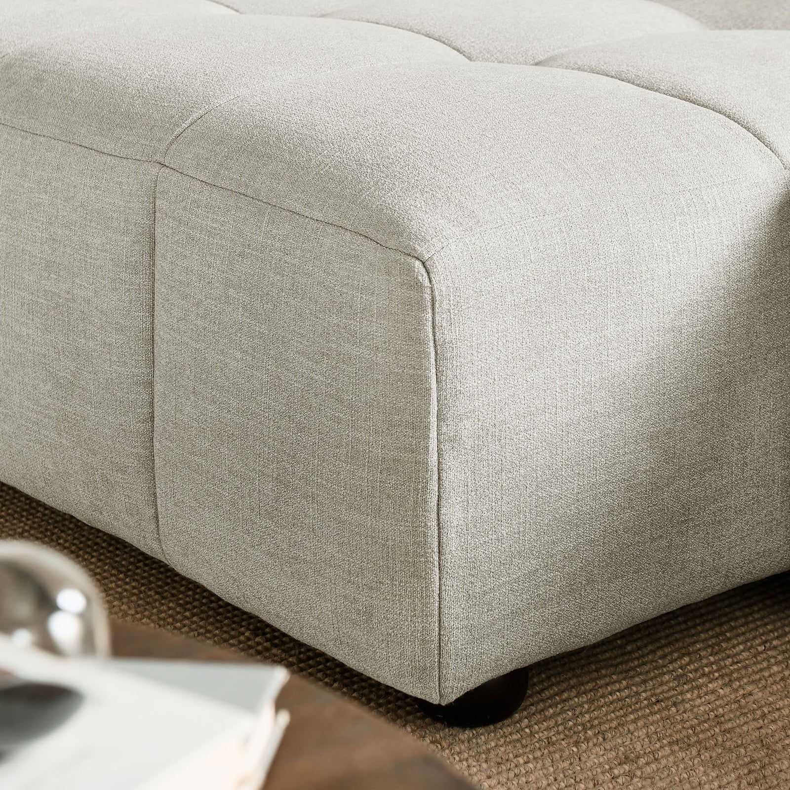 Linen upholstery and grid-tufted seat detail on the left-facing Liana chaise sofa || EEI-6868-LIN || swatch_room