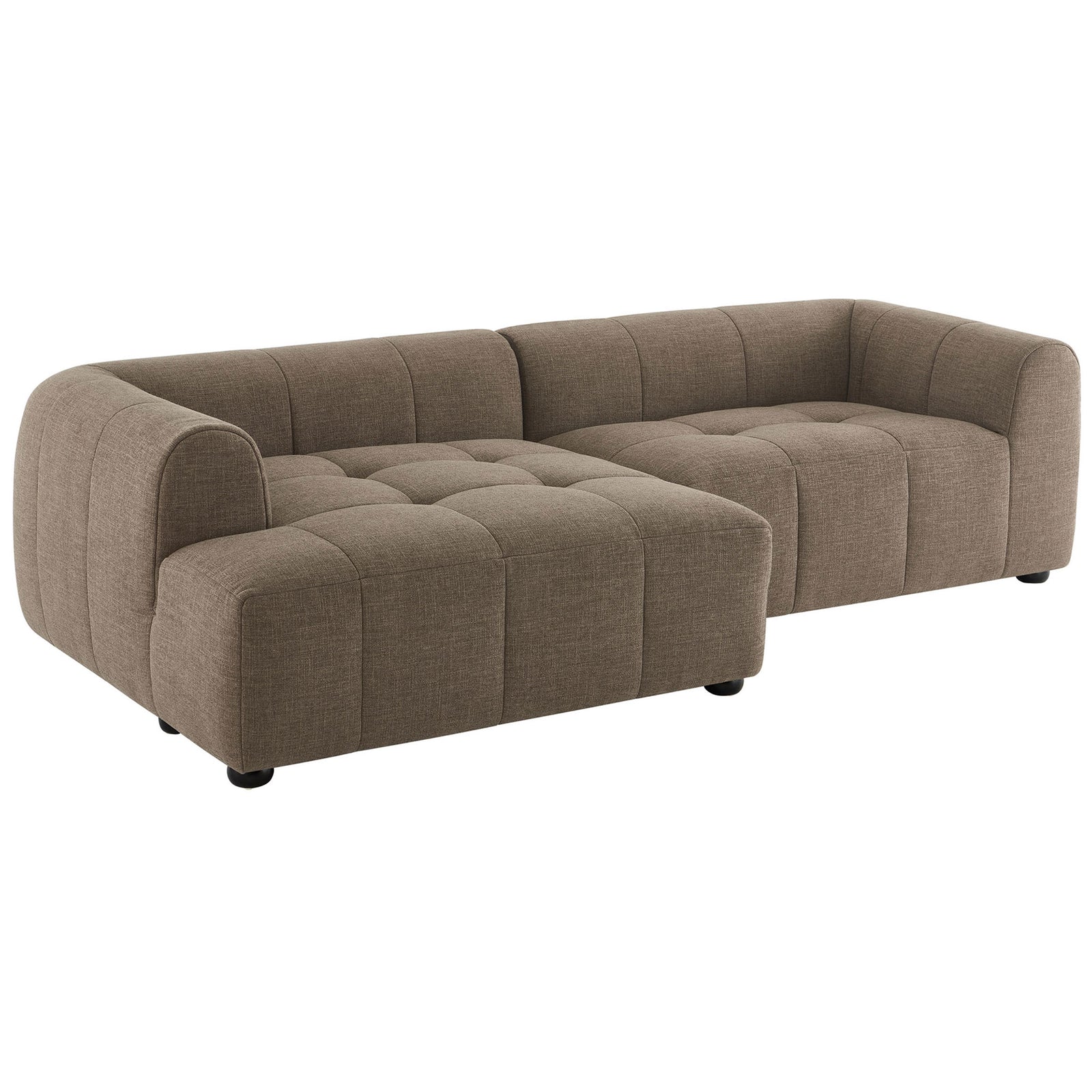Liana left-facing mocha sectional with chaise showcases low-profile curves and plush tufted seating || EEI-6868-MOC || front_angle_studio