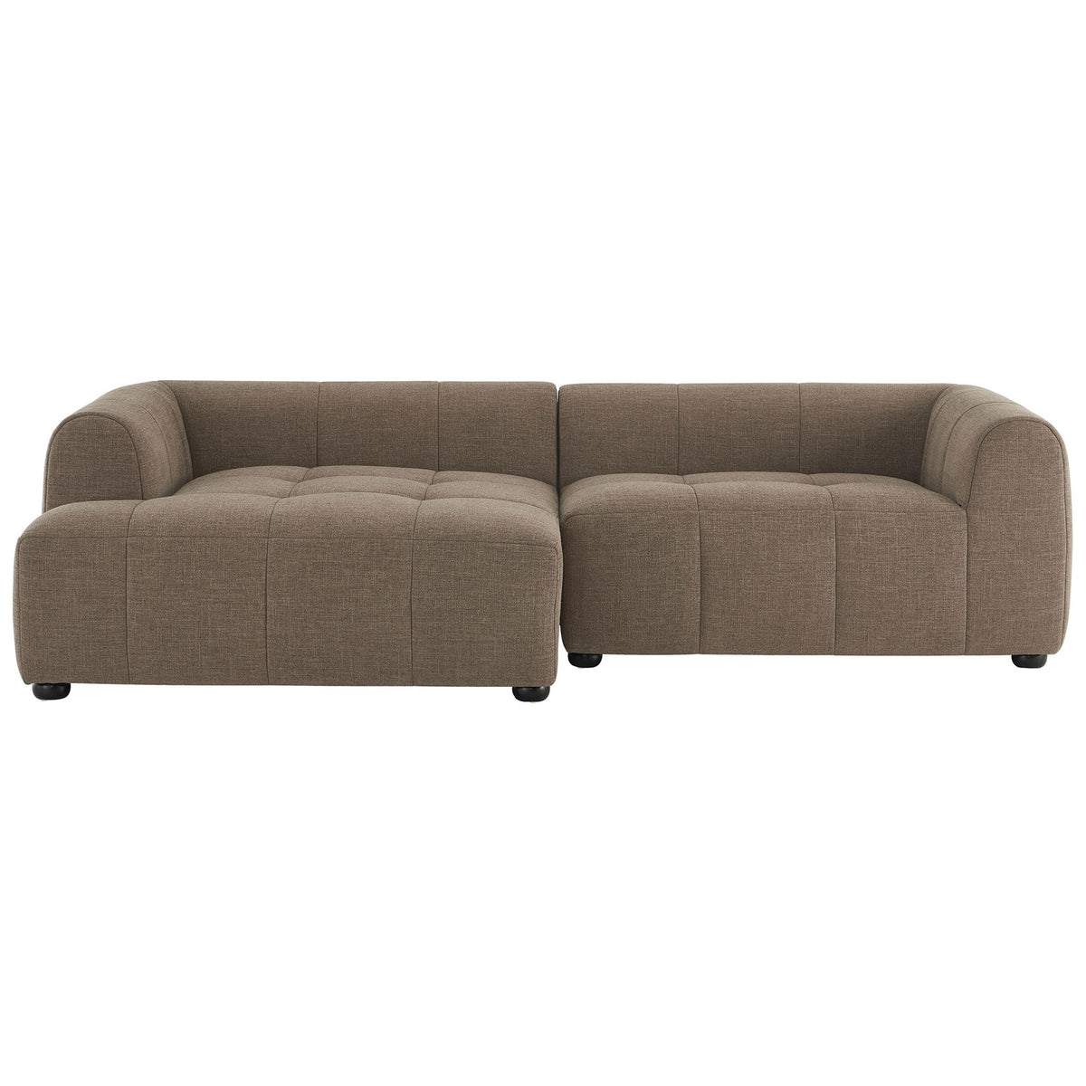 Full Liana left-facing mocha modular sofa with chaise, tufted grid seats, and rounded bun feet || EEI-6868-MOC || front_studio