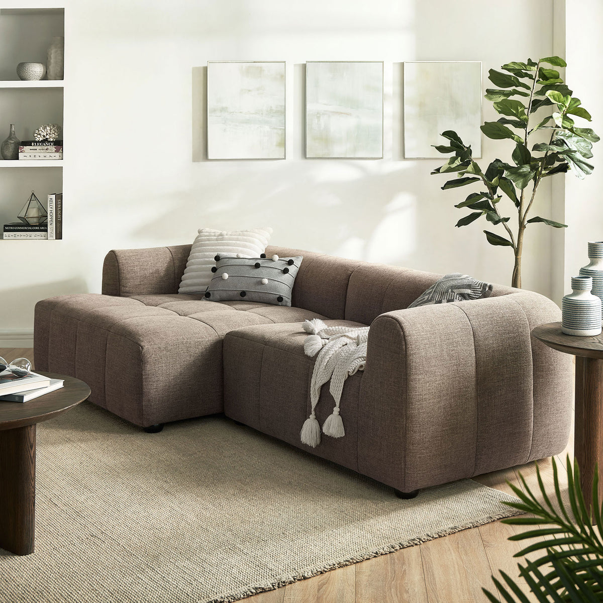 Left-facing Liana mocha sectional styled in a bright living room with textured rug and accent pillows || EEI-6868-MOC || front_angle_room
