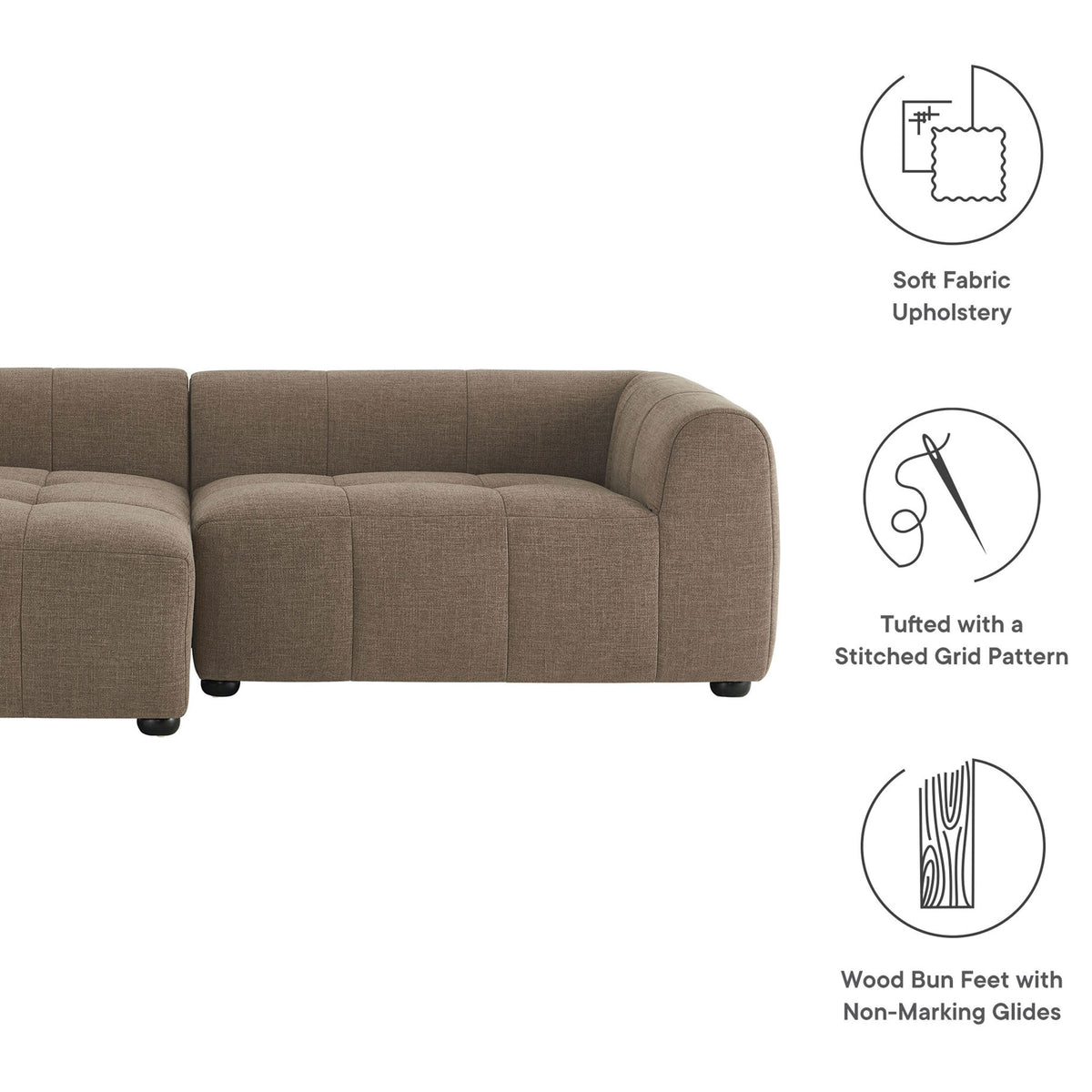 Feature graphic for the Liana left-facing mocha sectional highlighting fabric, tufting, and wood feet || EEI-6868-MOC || callout_studio