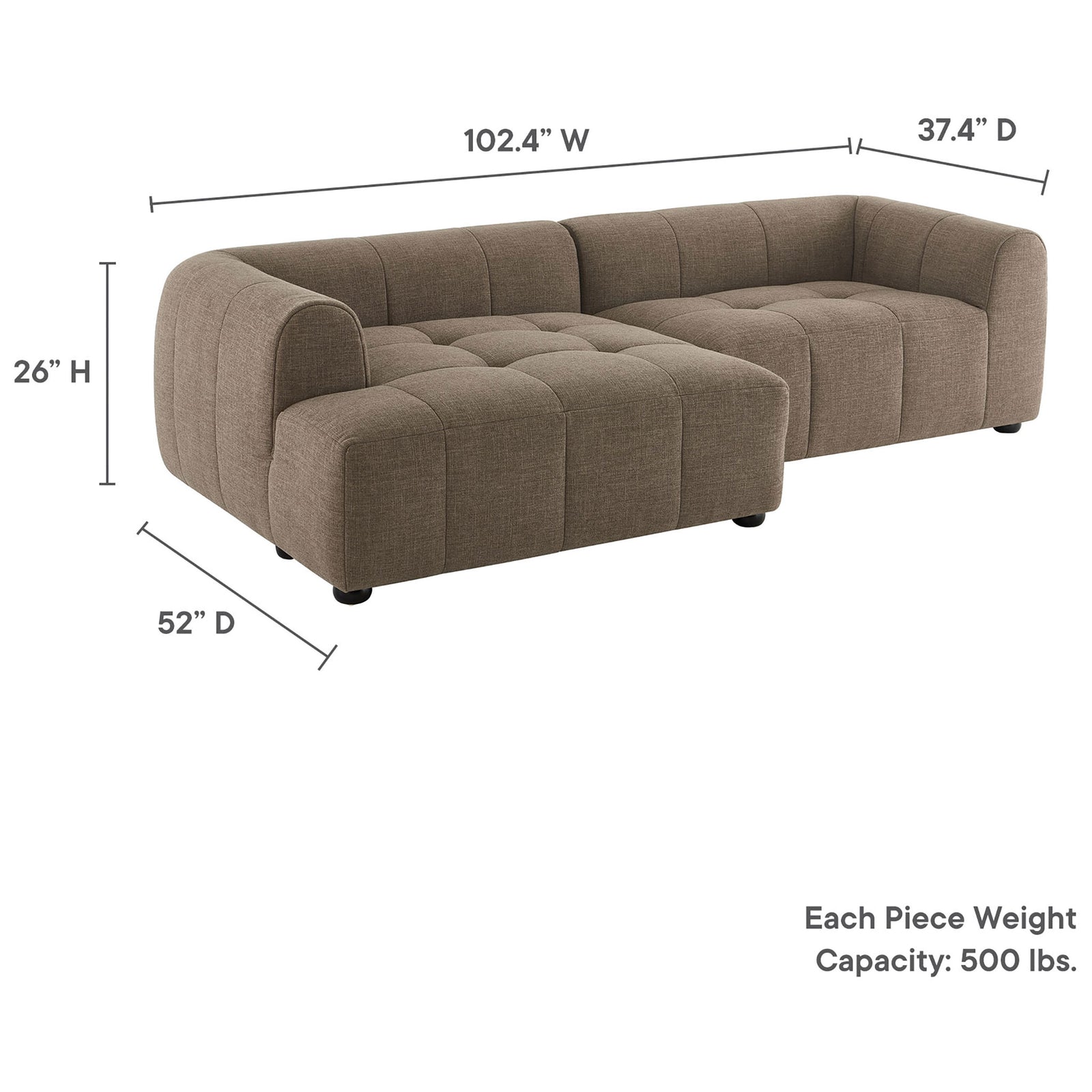Dimension graphic for the Liana left-facing mocha chaise sofa with overall measurements and weight capacity || EEI-6868-MOC || dimension_studio