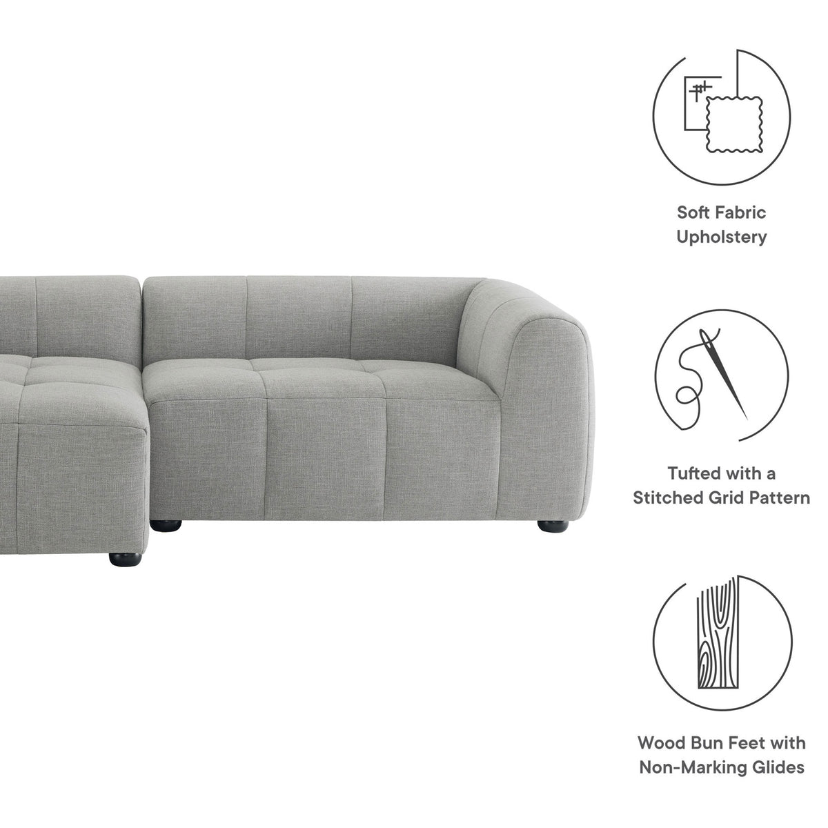 Feature graphic showing Liana left-facing sofa with icons for soft upholstery, tufting, and wood feet. || EEI-6868-PEW || callout_studio