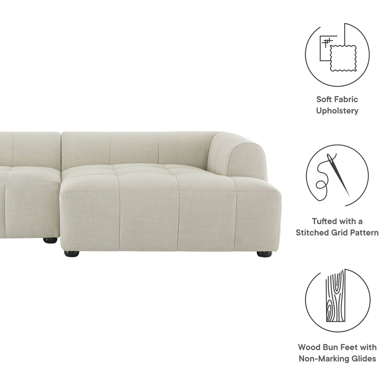 Right-facing linen modular sofa with chaise with soft fabric upholstery, grid tufting, and wood bun feet || EEI-6869-LIN || callout_studio