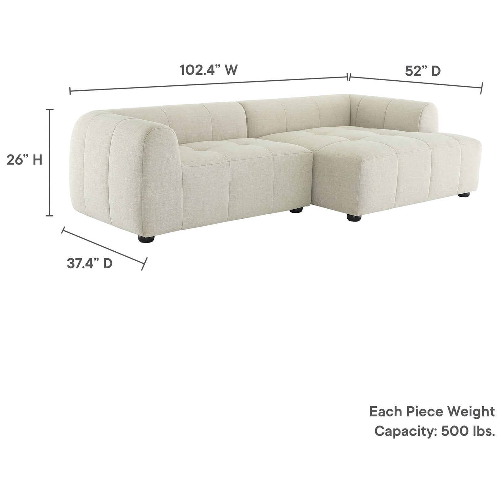 Right-facing linen chaise sectional with overall dimensions and 500 lb per seat weight capacity noted || EEI-6869-LIN || dimension_studio