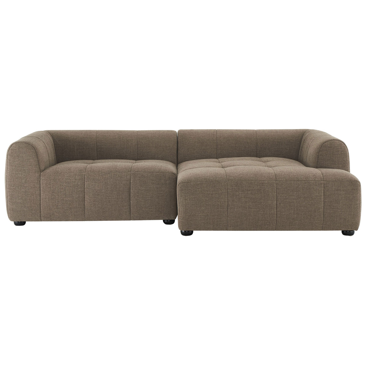 Full Liana left-facing mocha modular sofa with chaise, tufted grid seats, and rounded bun feet || EEI-6868-MOC || front_studio