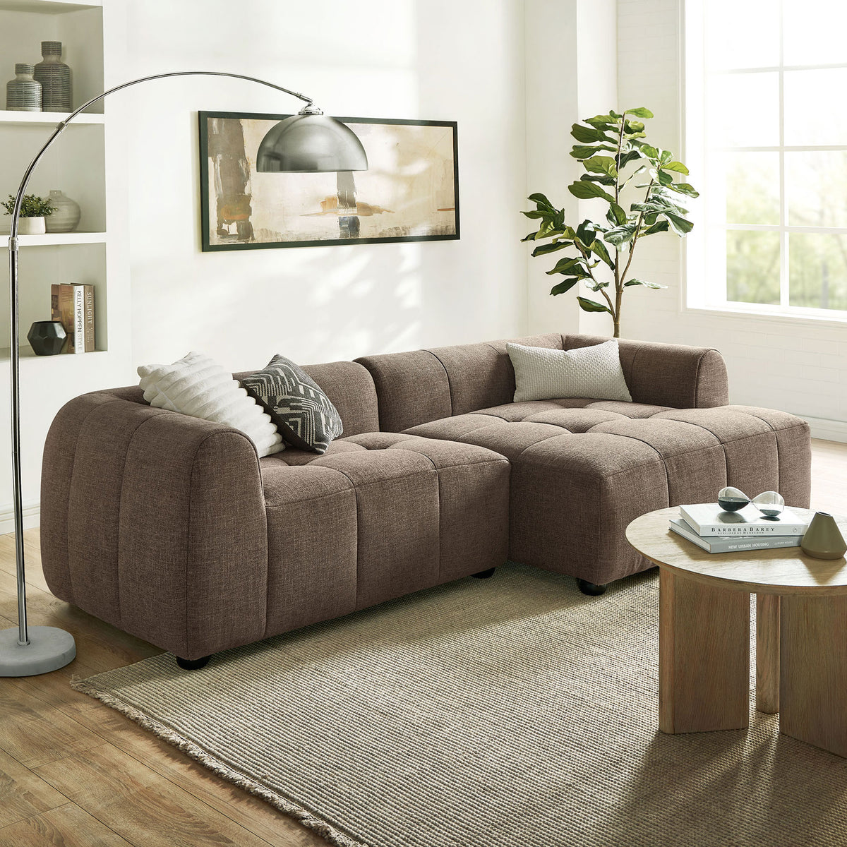 Right-facing Liana mocha sectional arranged in a modern living room with neutral decor and rug || EEI-6869-MOC || front_angle_room