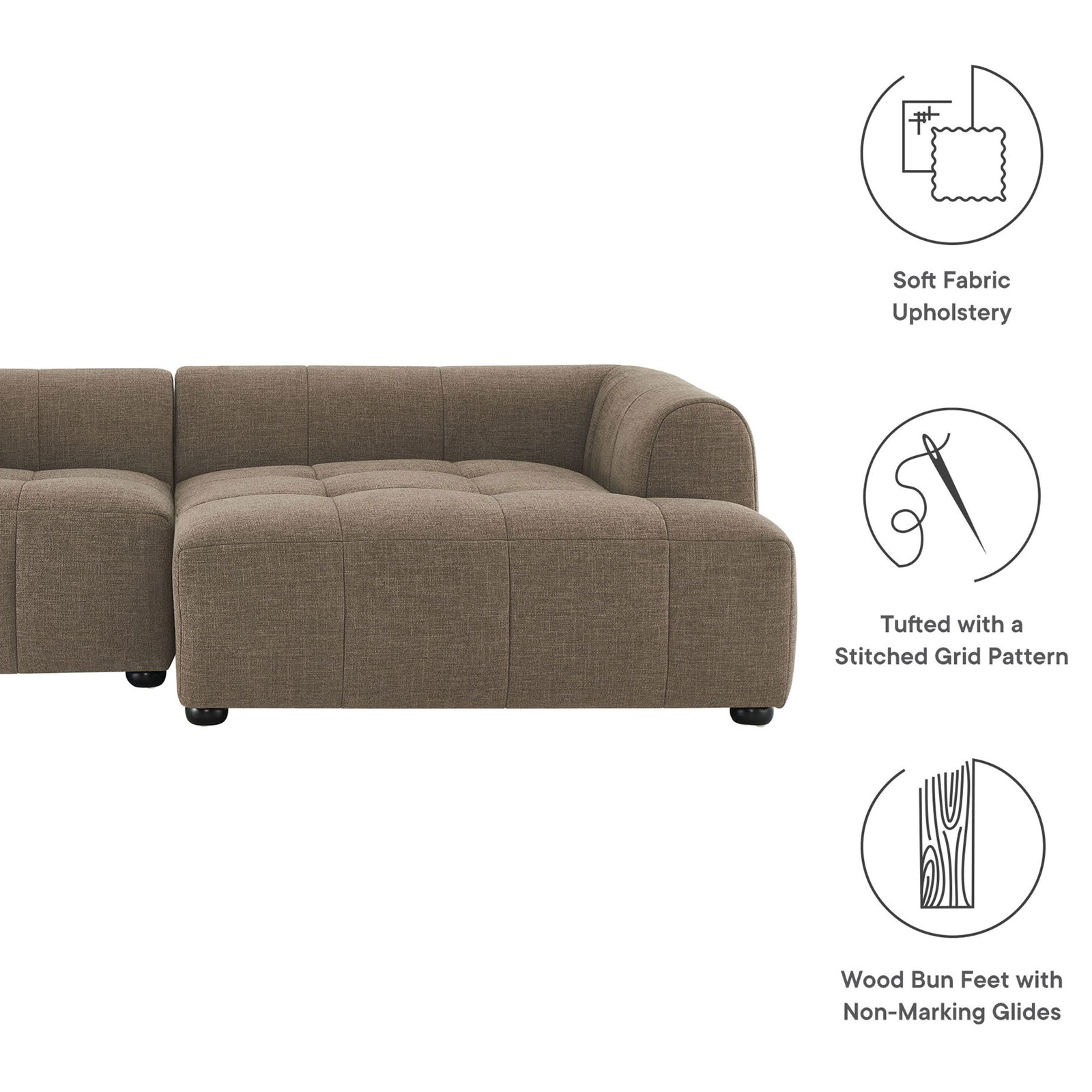 Feature graphic for the Liana right-facing mocha sectional highlighting fabric, tufting, and wood feet || EEI-6869-MOC || callout_studio