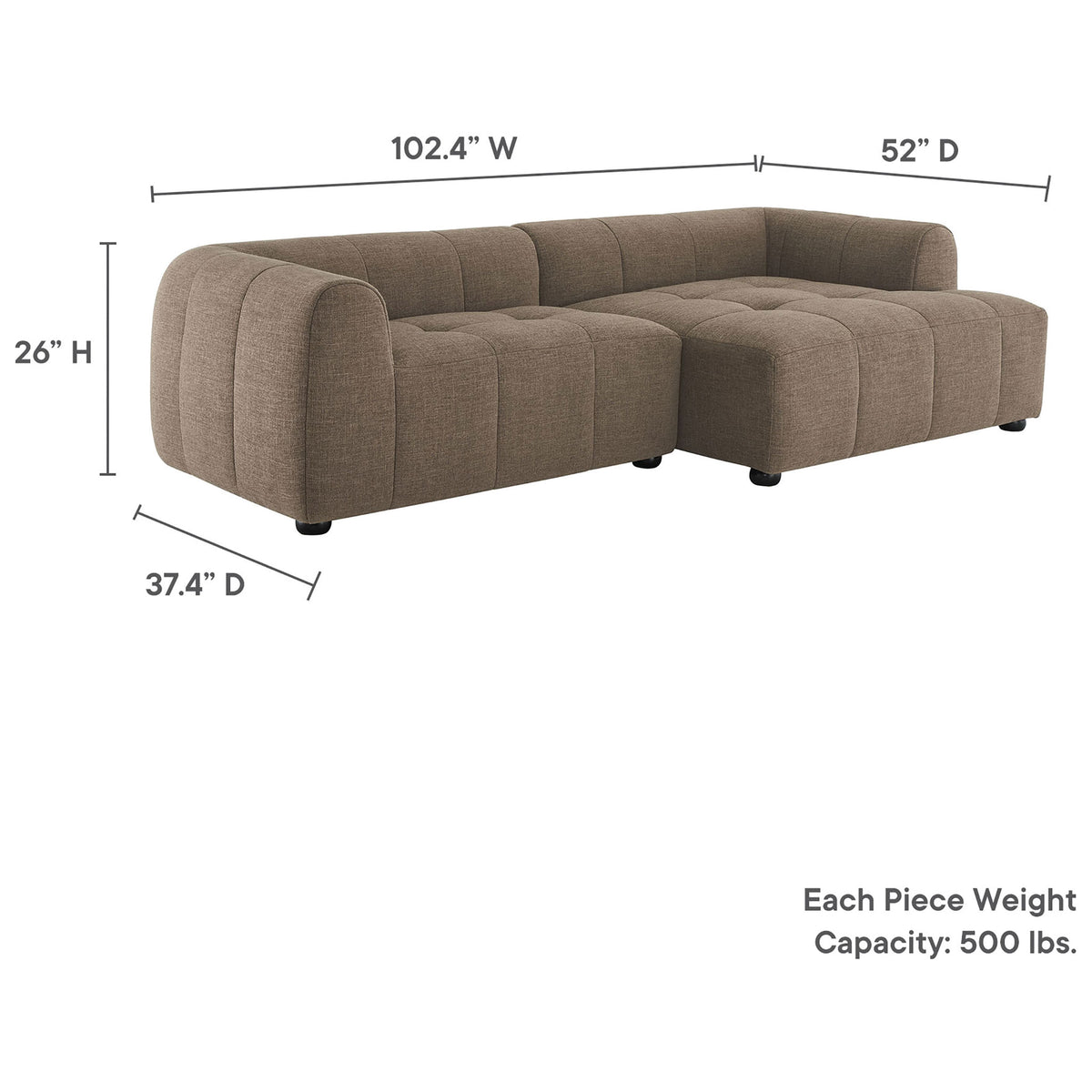 Dimension graphic for the Liana right-facing mocha chaise sofa with overall measurements and weight capacity || EEI-6869-MOC || dimension_studio