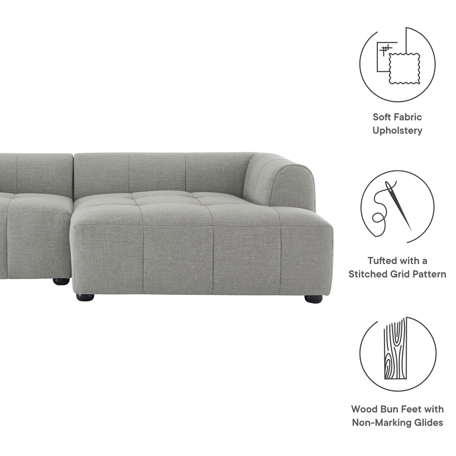 Feature graphic showing Liana right-facing sofa with icons for soft upholstery, tufted seats, and wood feet. || EEI-6869-PEW || callout_studio