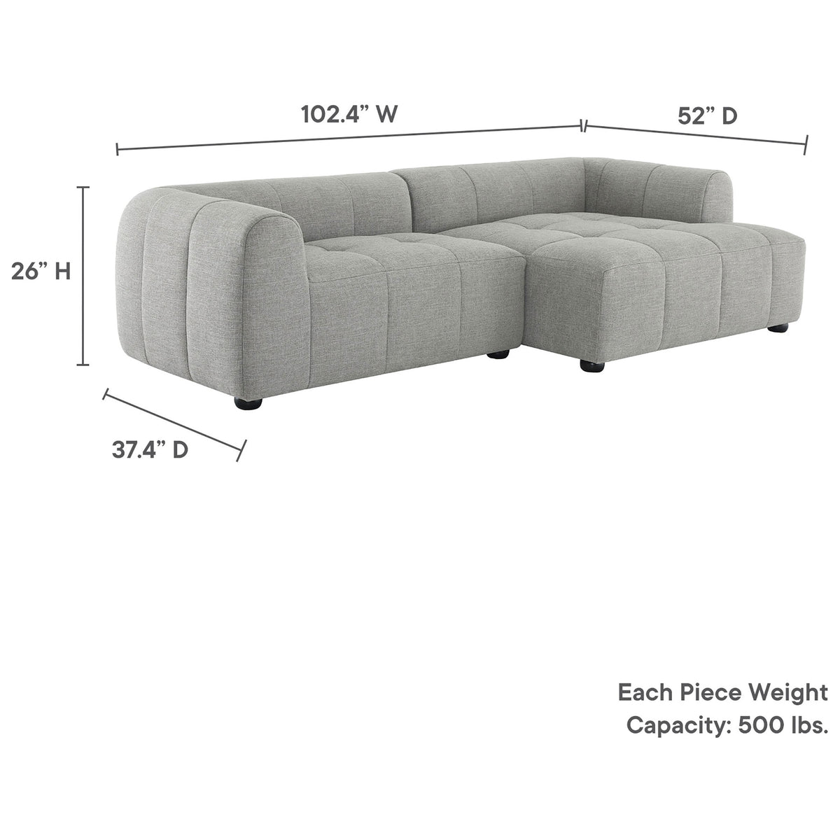 Dimension graphic for the Liana right-facing chaise sectional with labeled width, depth, height, and weight capacity. || EEI-6869-PEW || dimension_studio