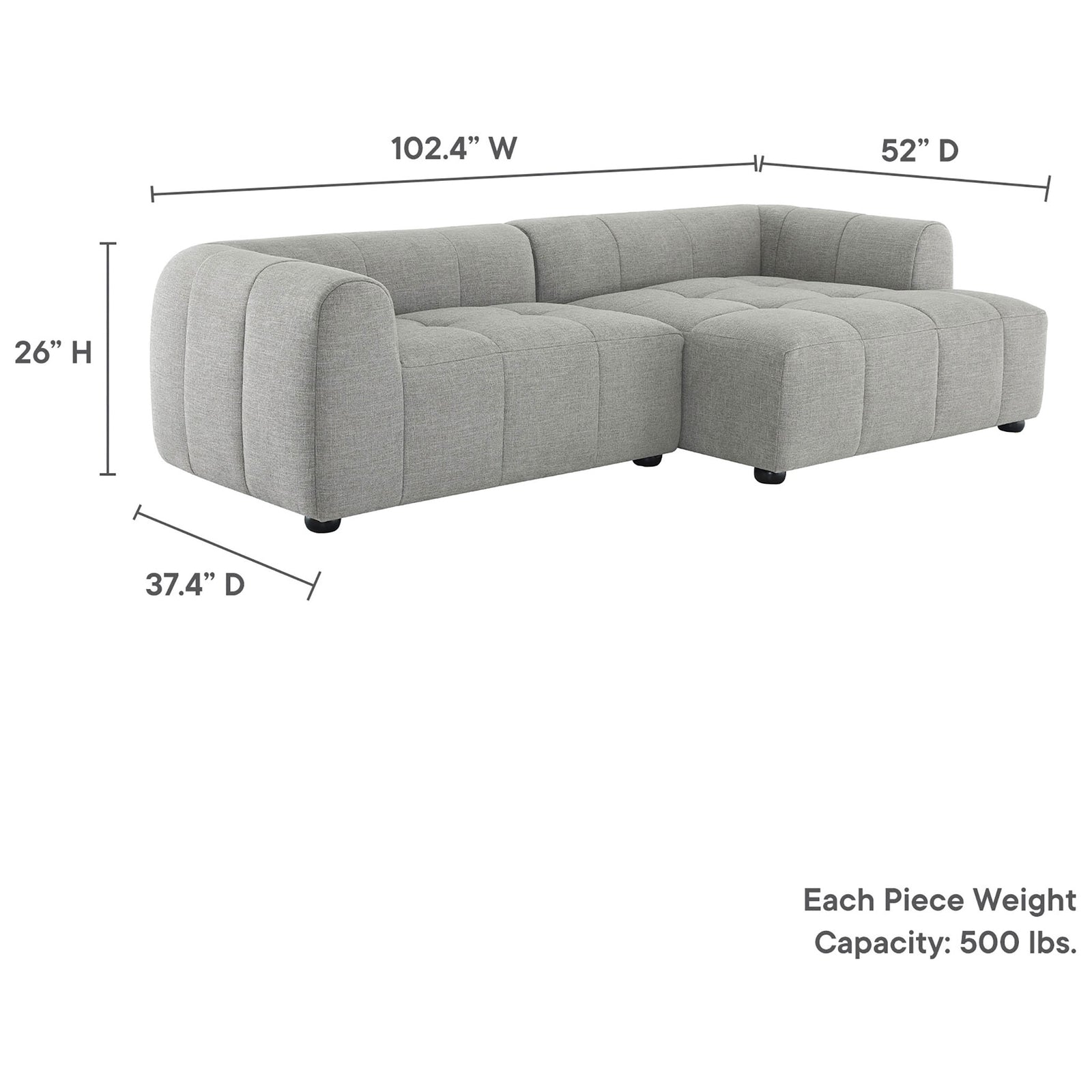 Dimension graphic for the Liana right-facing chaise sectional with labeled width, depth, height, and weight capacity. || EEI-6869-PEW || dimension_studio